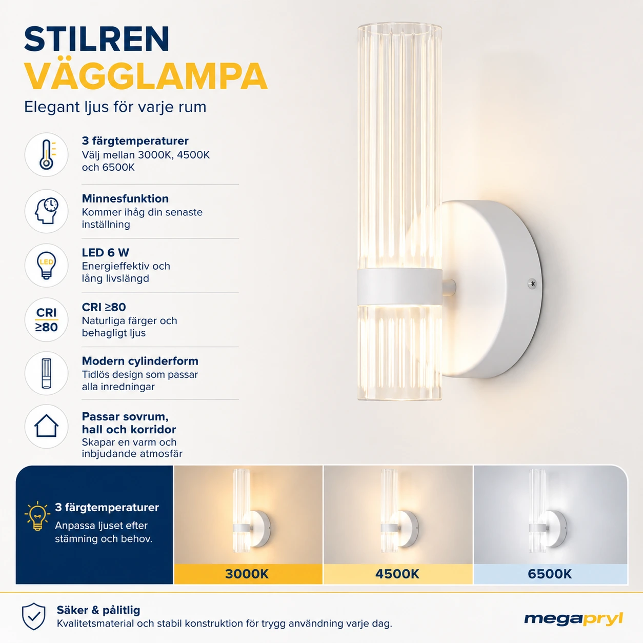 Vägglampa för inomhusbruk med 3 färgtemperaturer