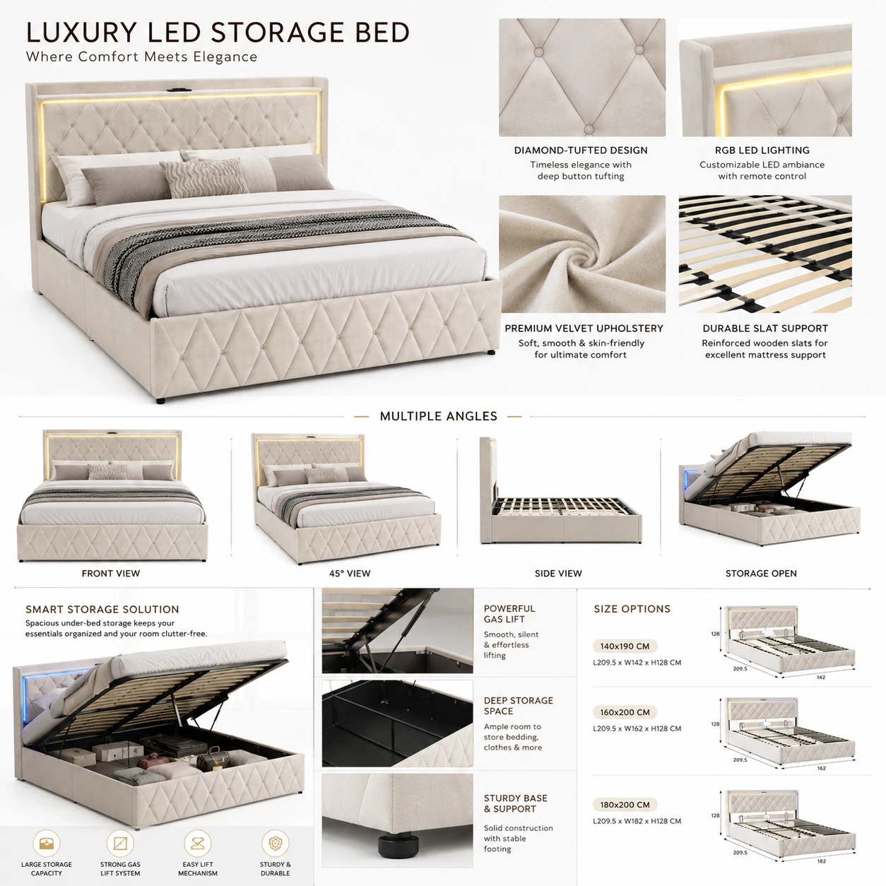 Förvaringssäng Beige med LED och Gaslyft