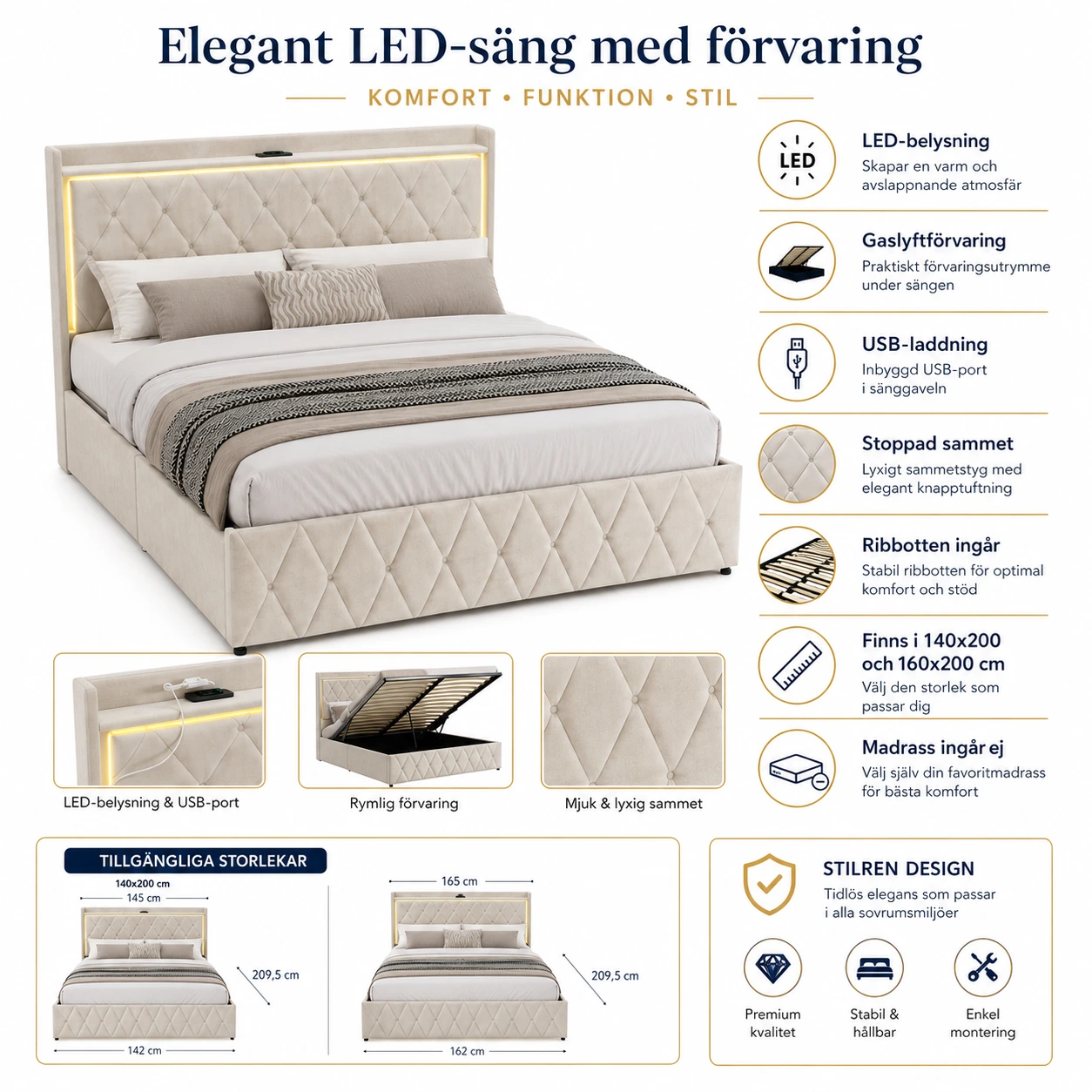 Förvaringssäng Beige med LED och Gaslyft