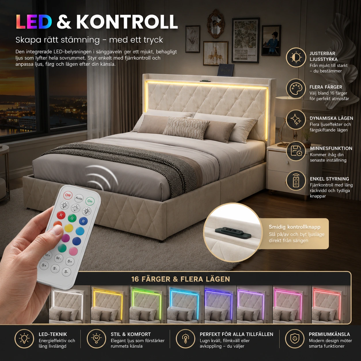Förvaringssäng Beige med LED och Gaslyft