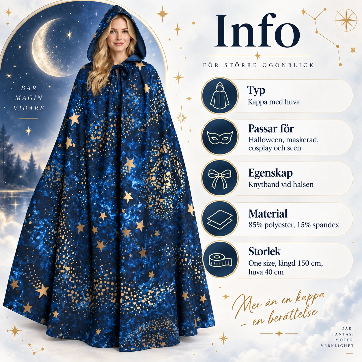 Mörkblå Stjärnmantel med Luva och Gyllene Galaxmönster