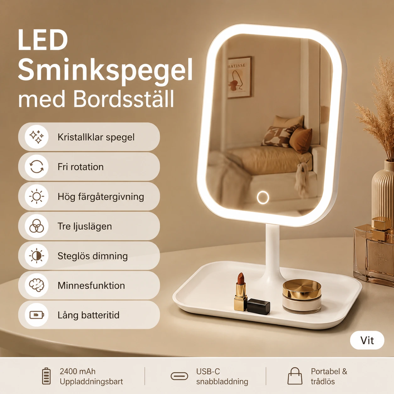 Sminkspegel LED – Tre Ljusfärger Vit