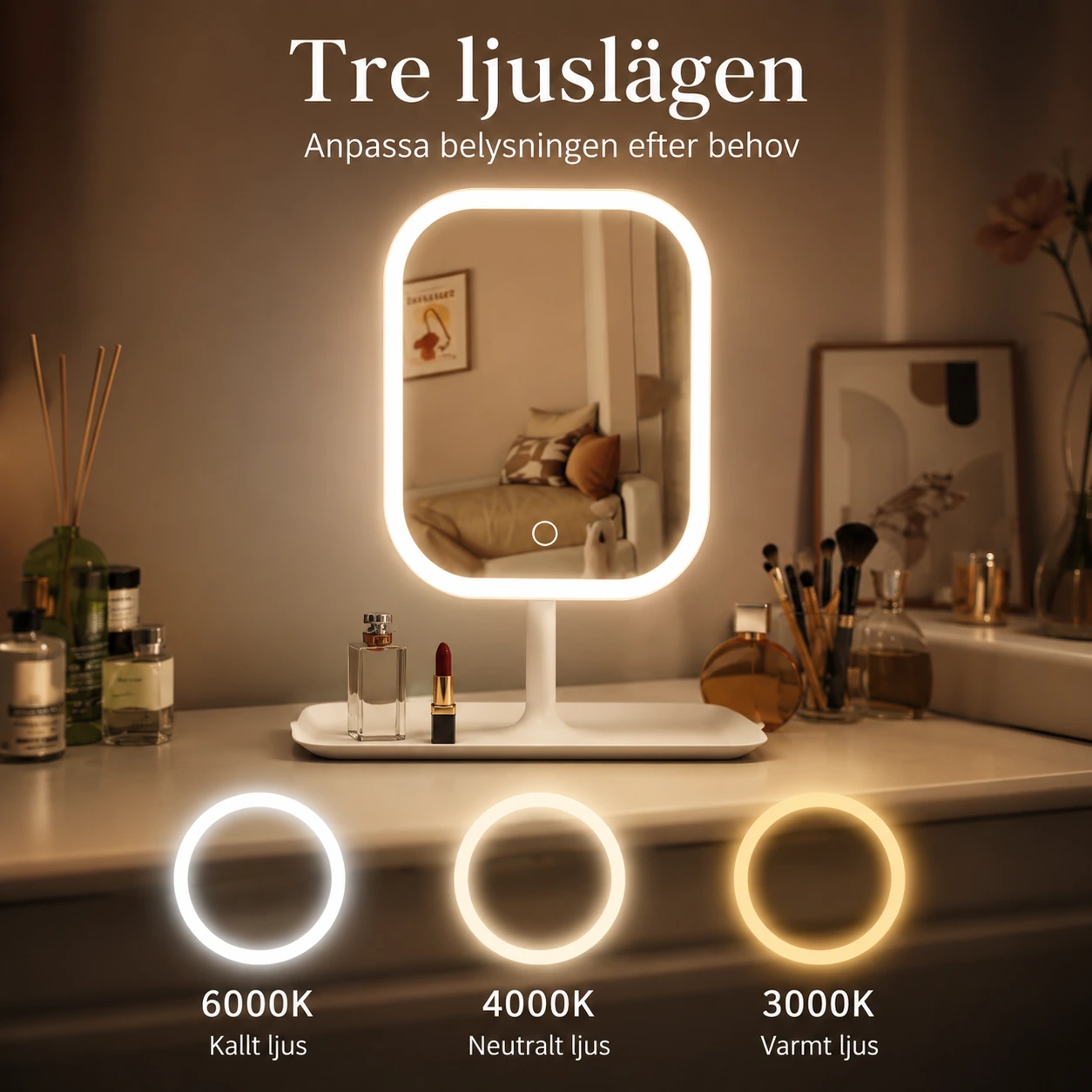 Sminkspegel LED – Tre Ljusfärger Vit