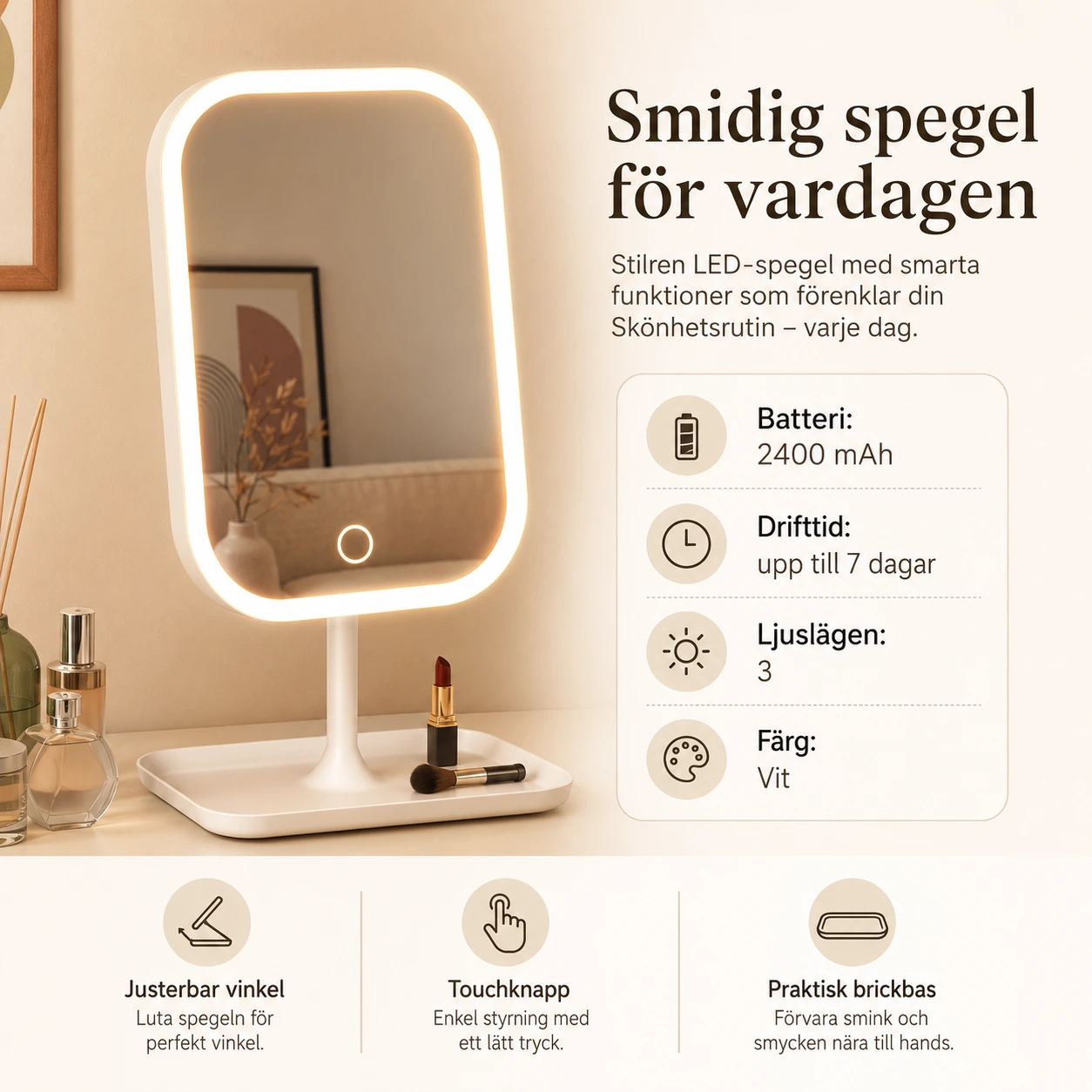 Sminkspegel LED – Tre Ljusfärger Vit