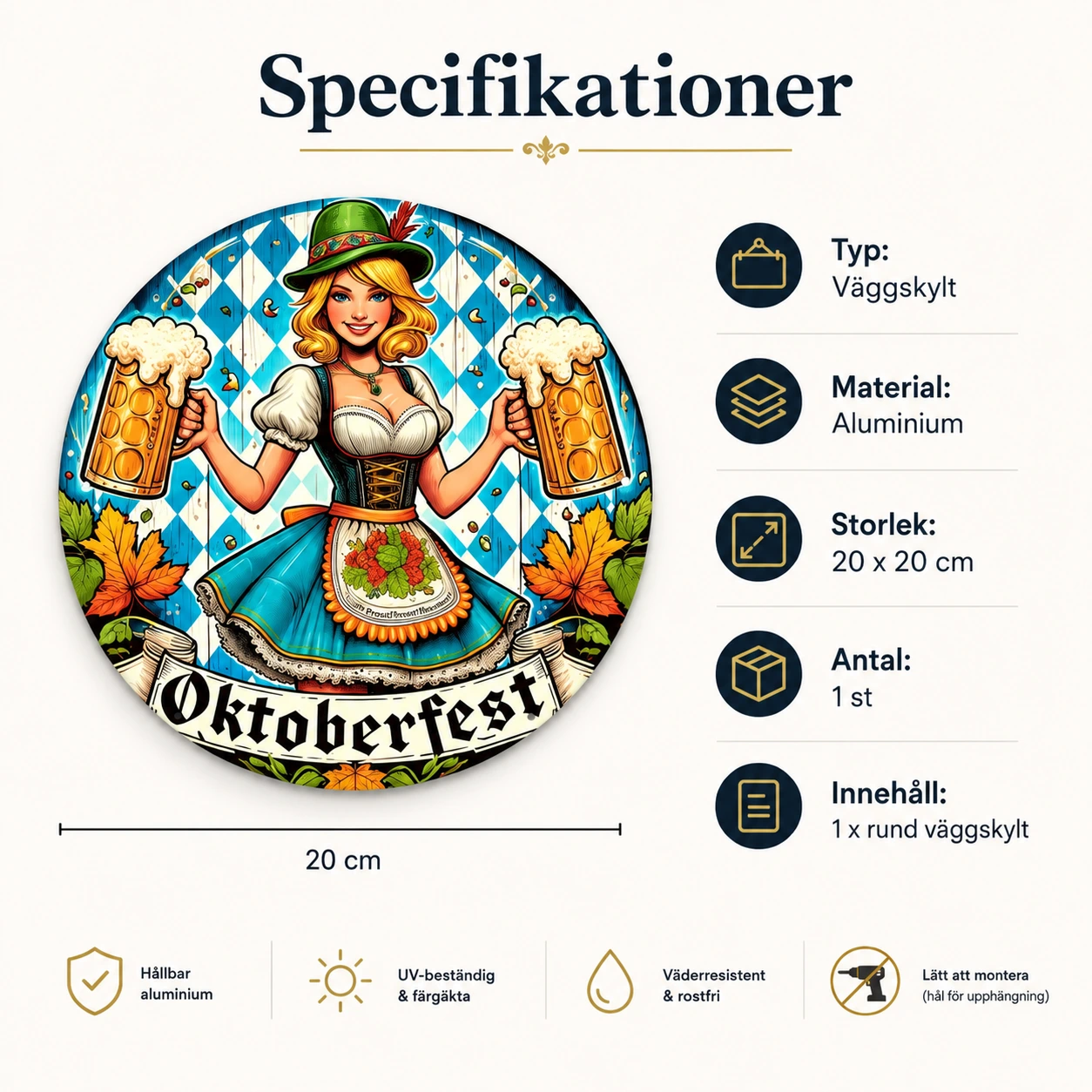 Rund väggskylt för Oktoberfest 20 x 20 cm