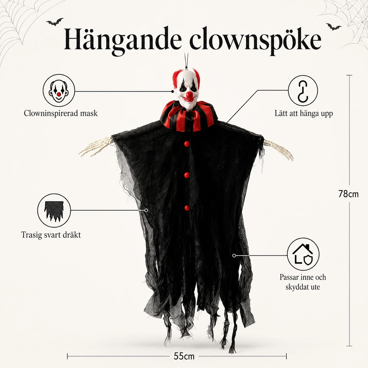 Hängande clownspöke för halloweendekoration 78 x 55 cm