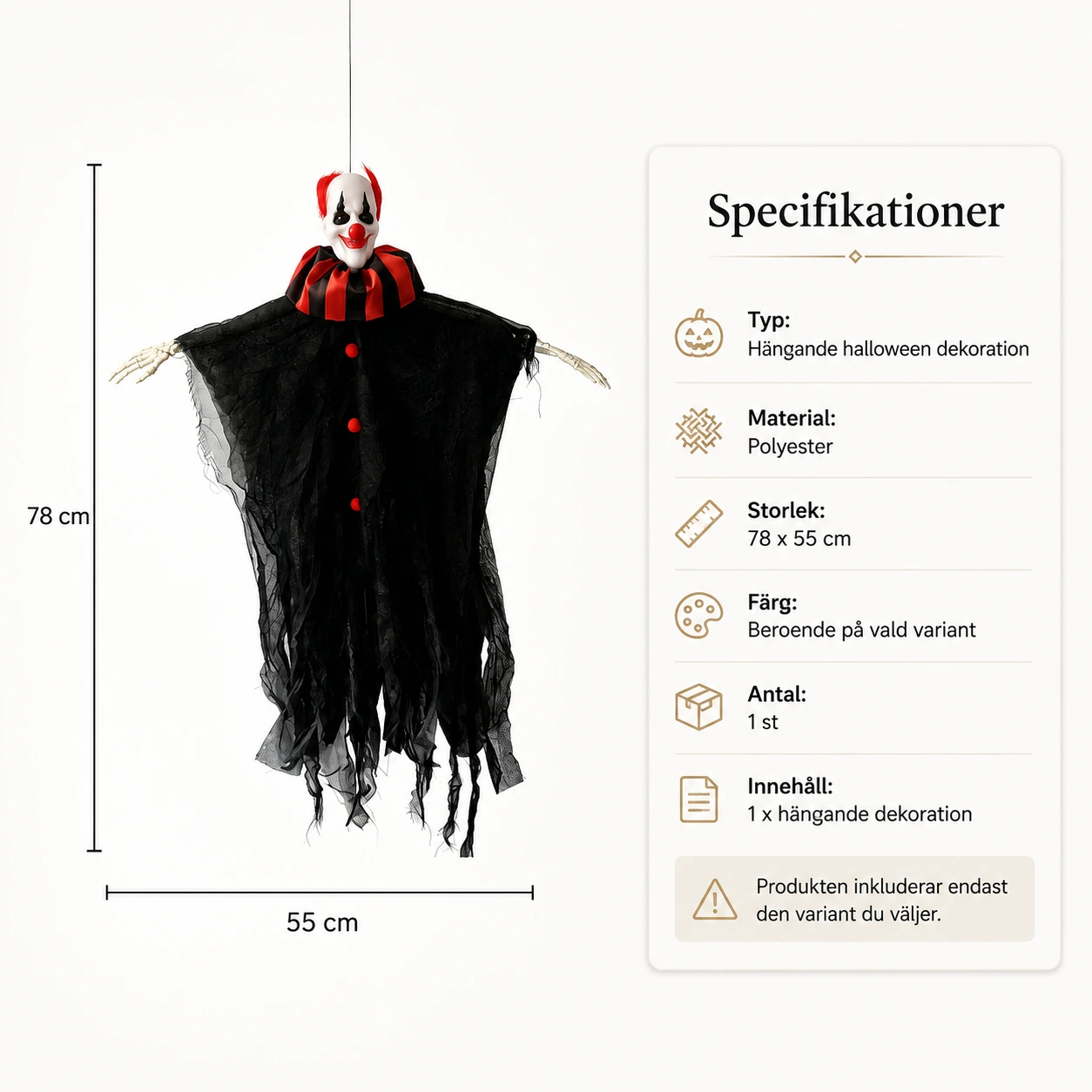 Hängande clownspöke för halloweendekoration 78 x 55 cm