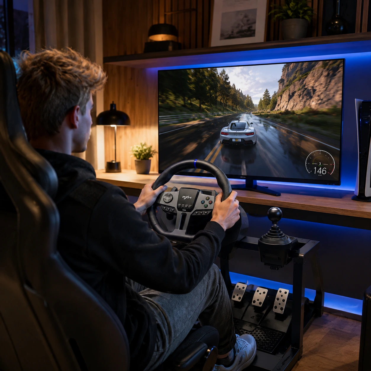 Rattkontroll för racing-spel med pedaler och växelspak
