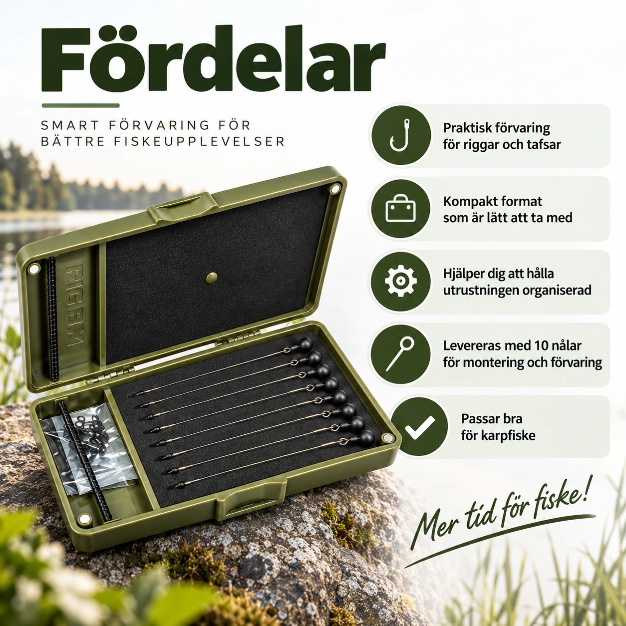 Rig box för karpfiske med 10 nålar