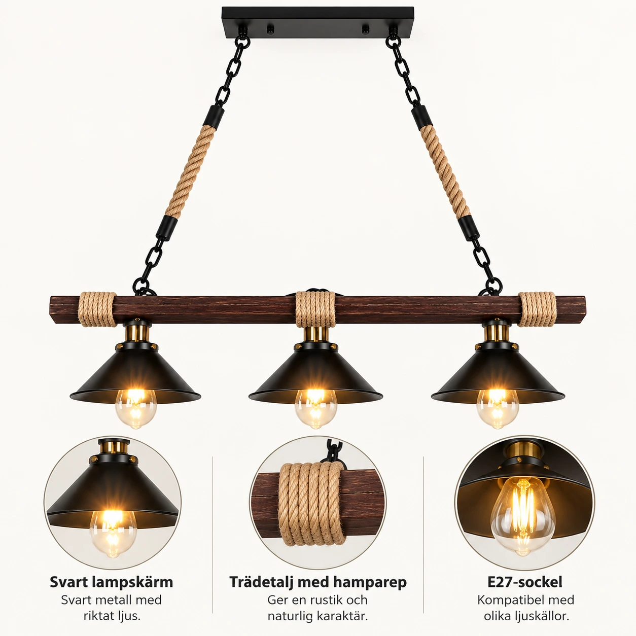 Taklampa i trä och metall med E27-sockel