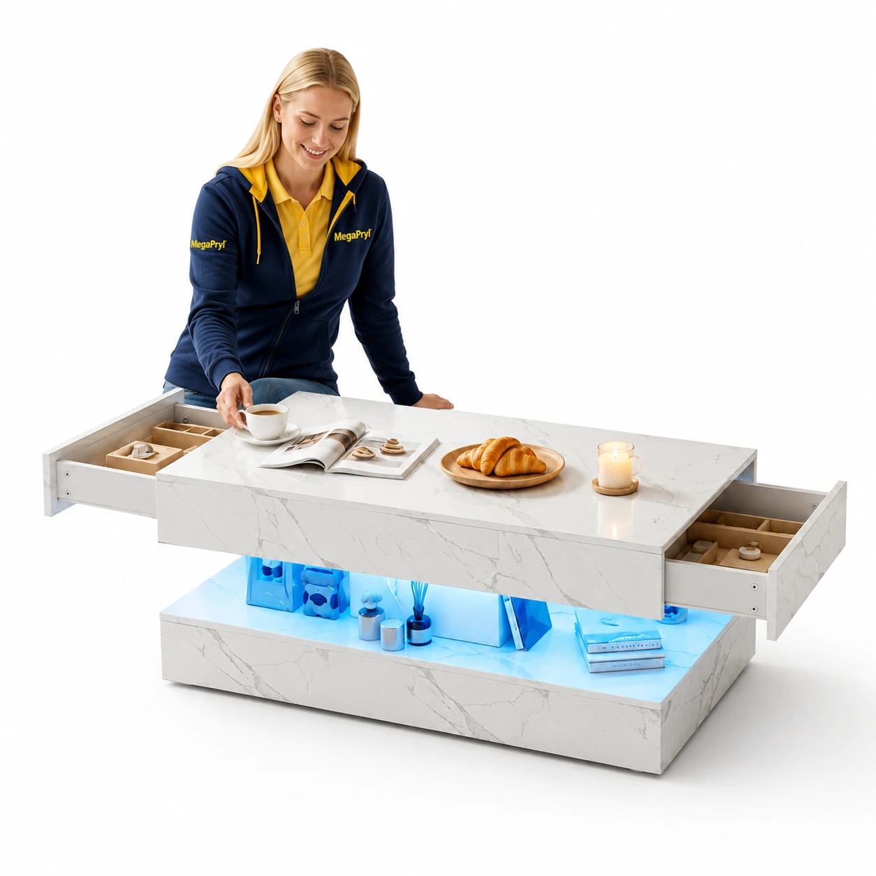 Soffbord med LED-belysning och 2 lådor 100 x 50 cm