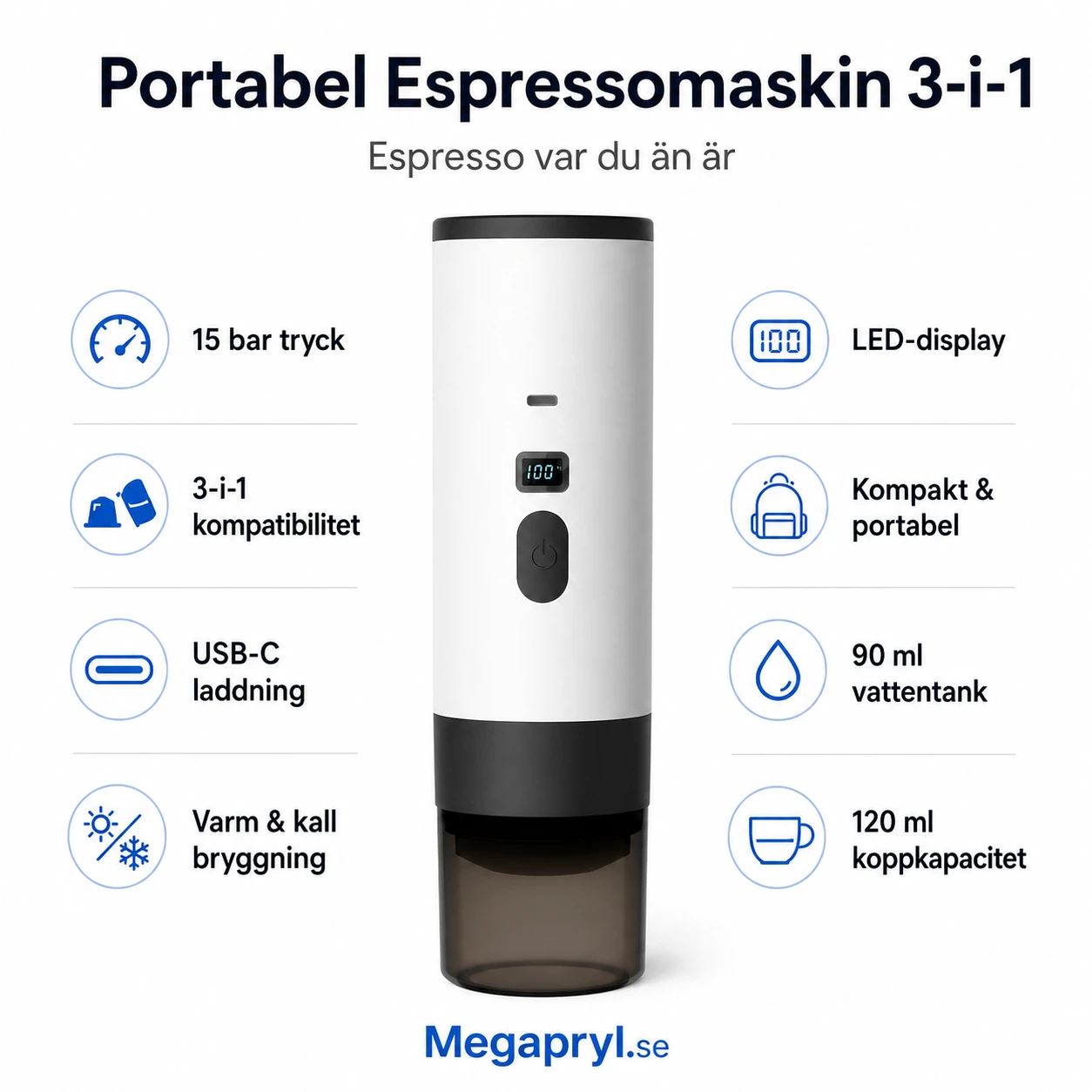 Portabel Espressomaskin 3-i-1 med 15 Bar och USB-C