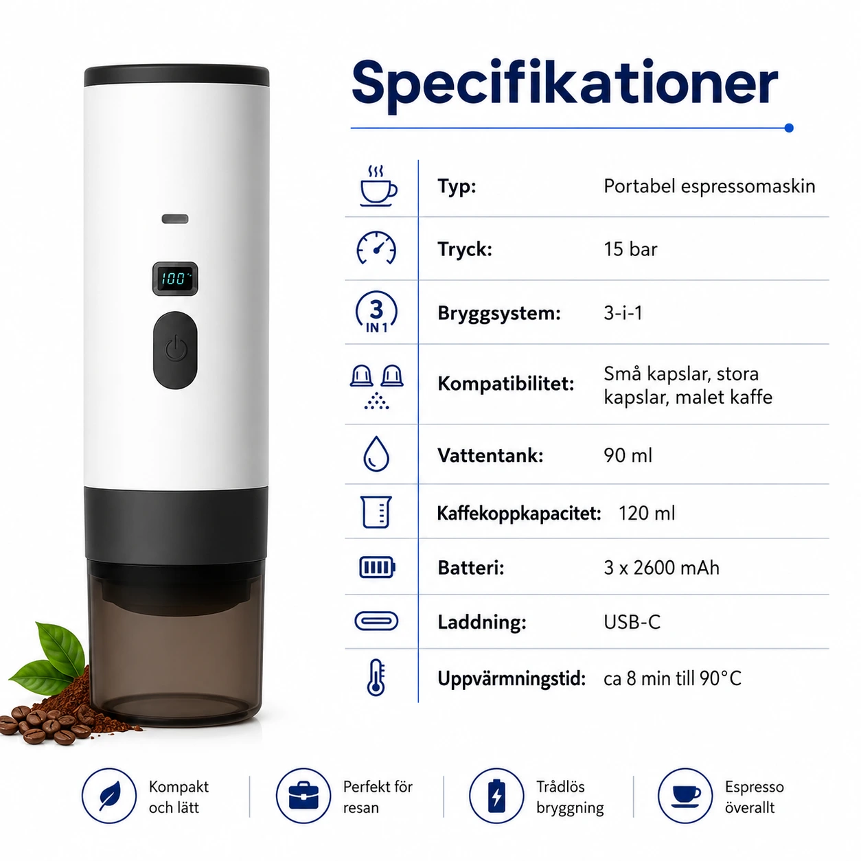 Portabel Espressomaskin 3-i-1 med 15 Bar och USB-C