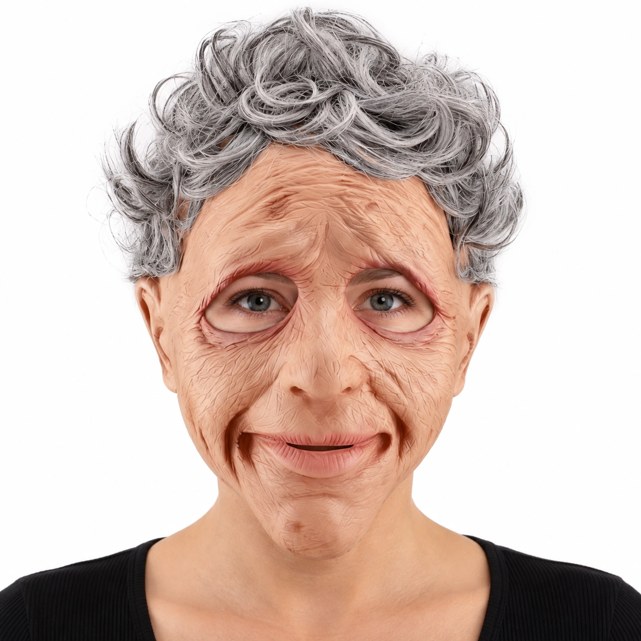 Mask gammal kvinna i latex med grått hår