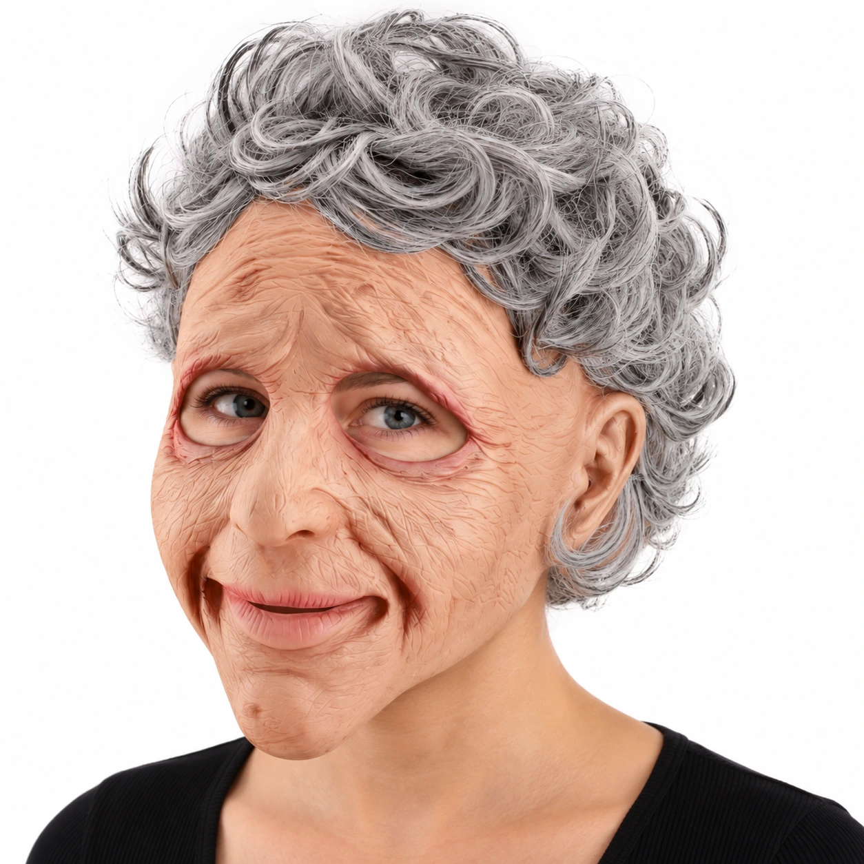 Mask gammal kvinna i latex med grått hår