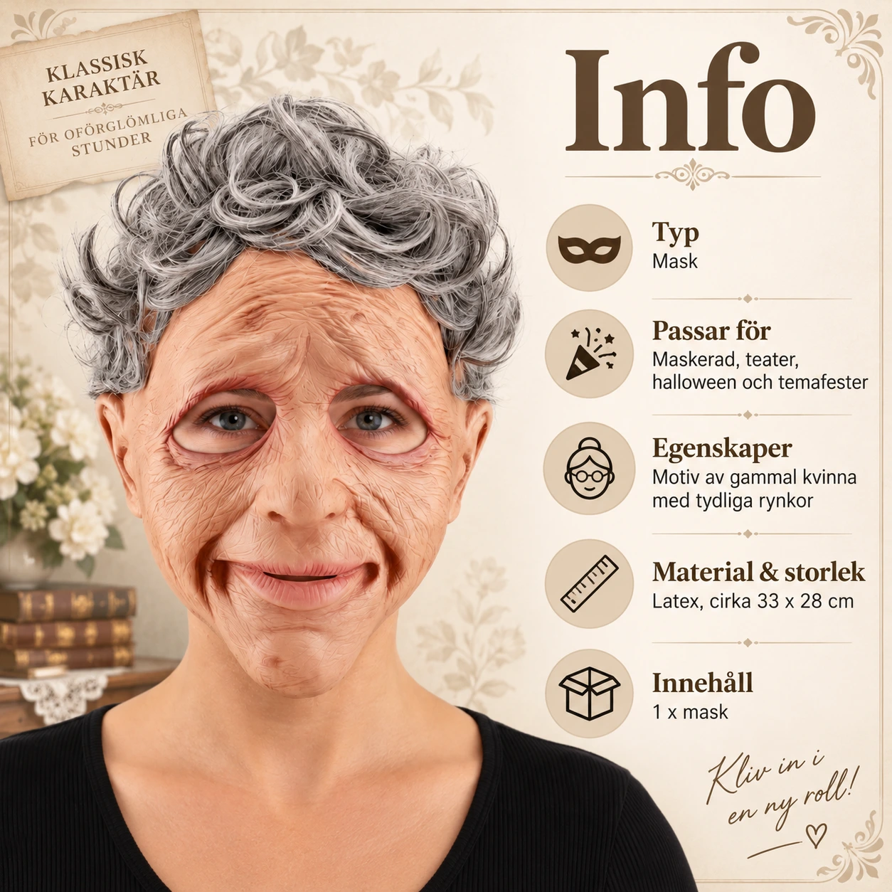 Mask gammal kvinna i latex med grått hår