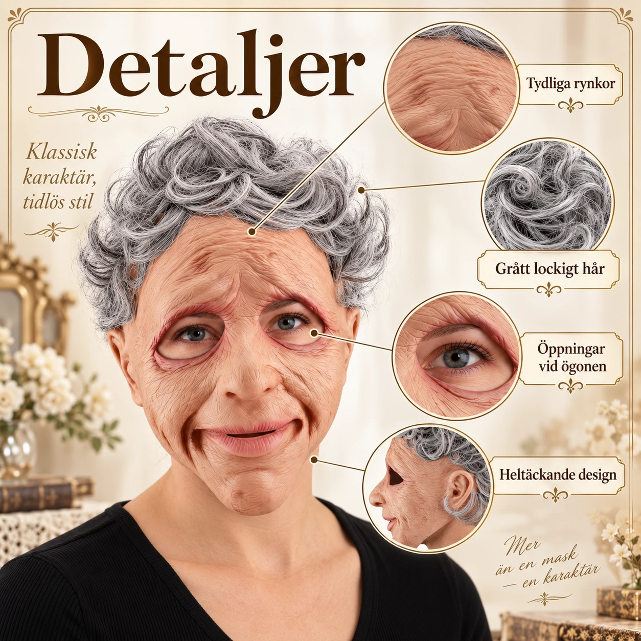 Mask gammal kvinna i latex med grått hår