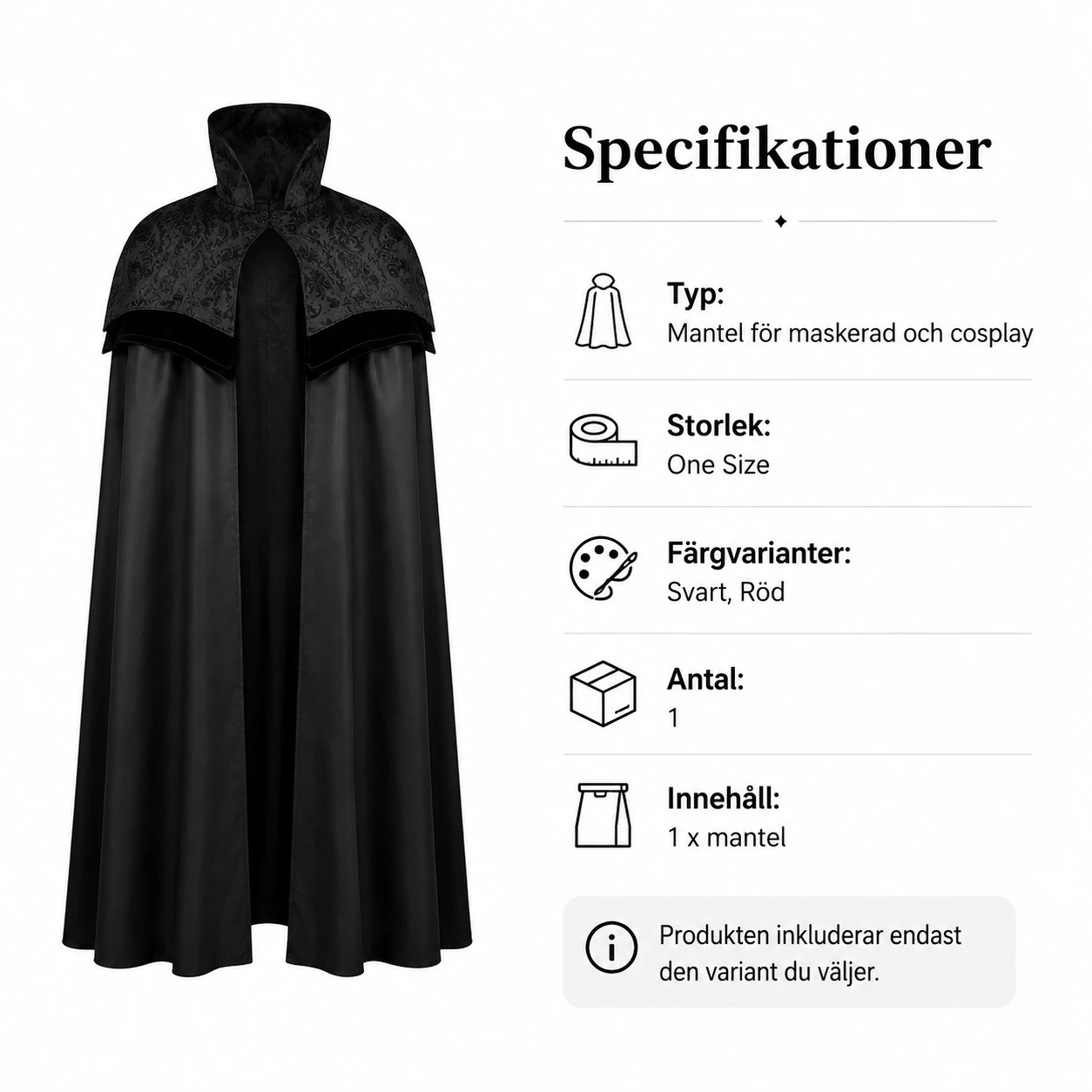 Vampyrmantel med hög krage för maskerad