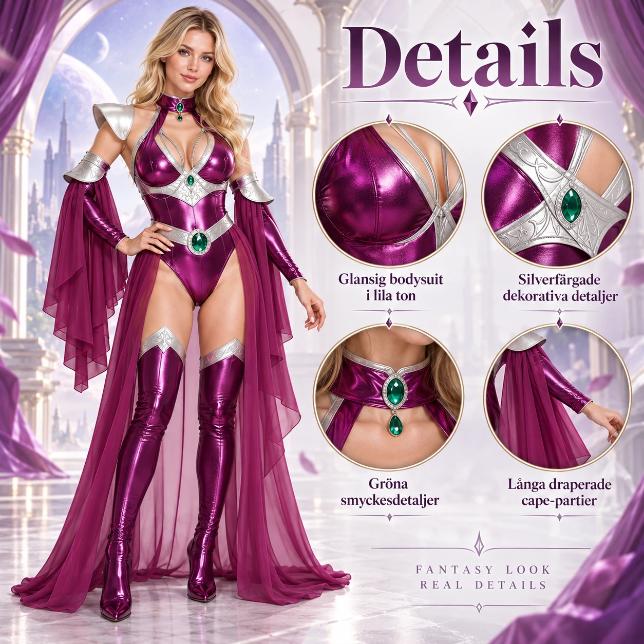 Lila Starfire Cosplay Dräkt med Mantel och Ärmskydd Set för Damer