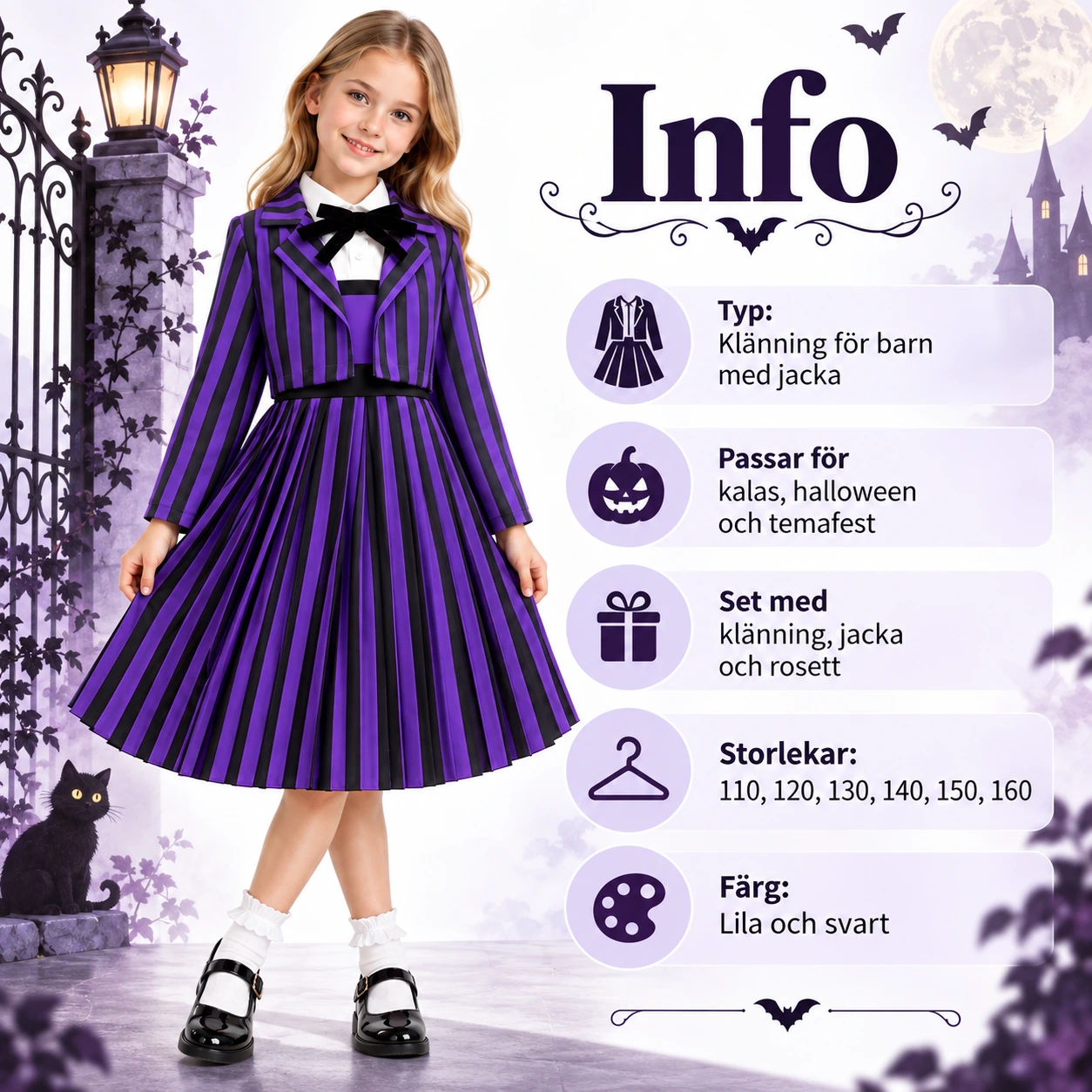 Lasten mekko takilla ja rusetilla, violetti ja musta