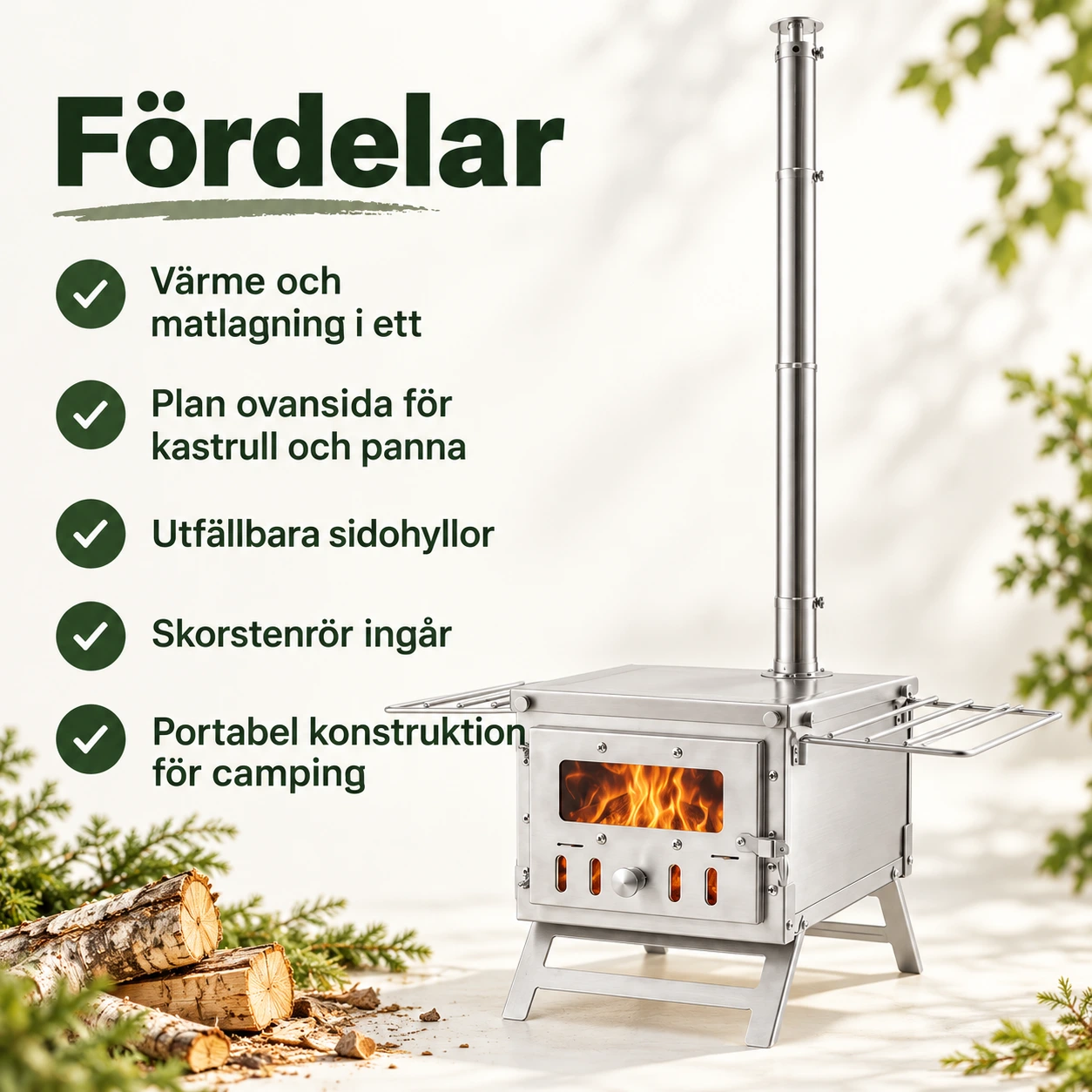 Tältkamin för camping med skorstenrör och sidohyllor