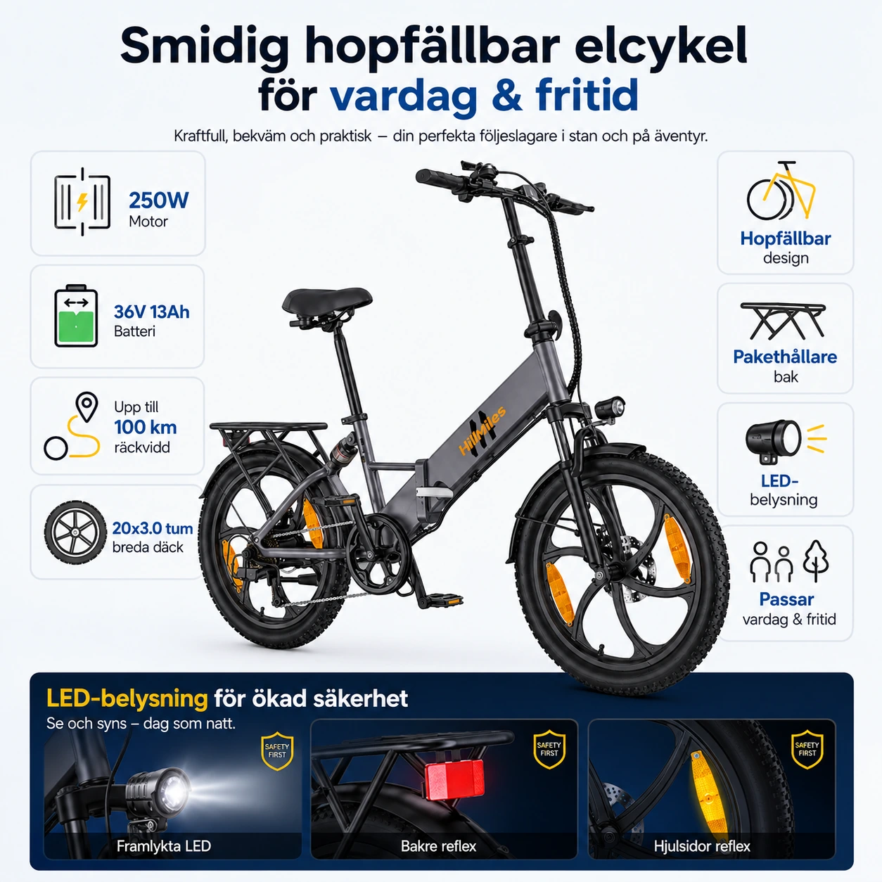 Elcykel Hopfällbar 20 Tum 250W med Breda Däck
