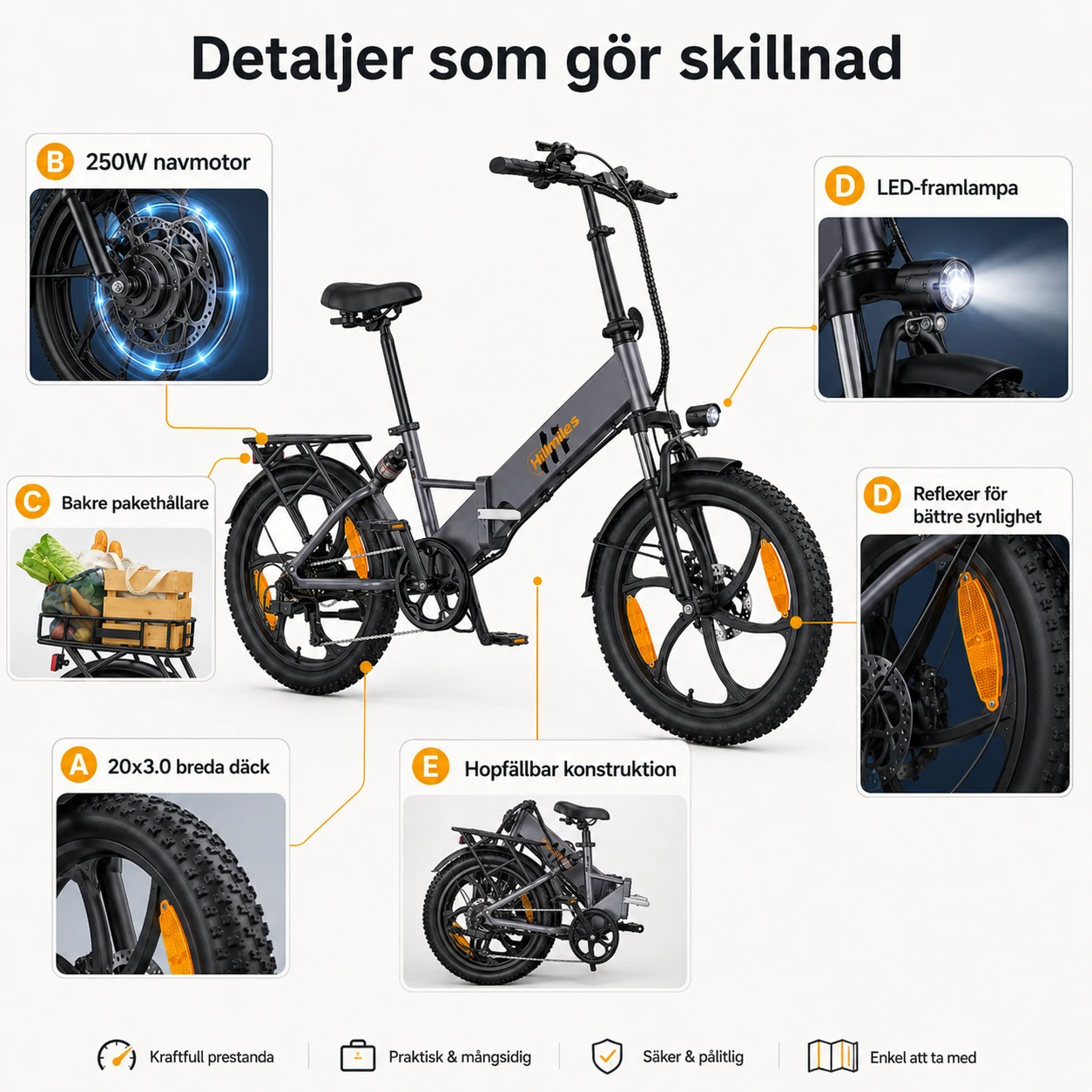 Elcykel Hopfällbar 20 Tum 250W med Breda Däck