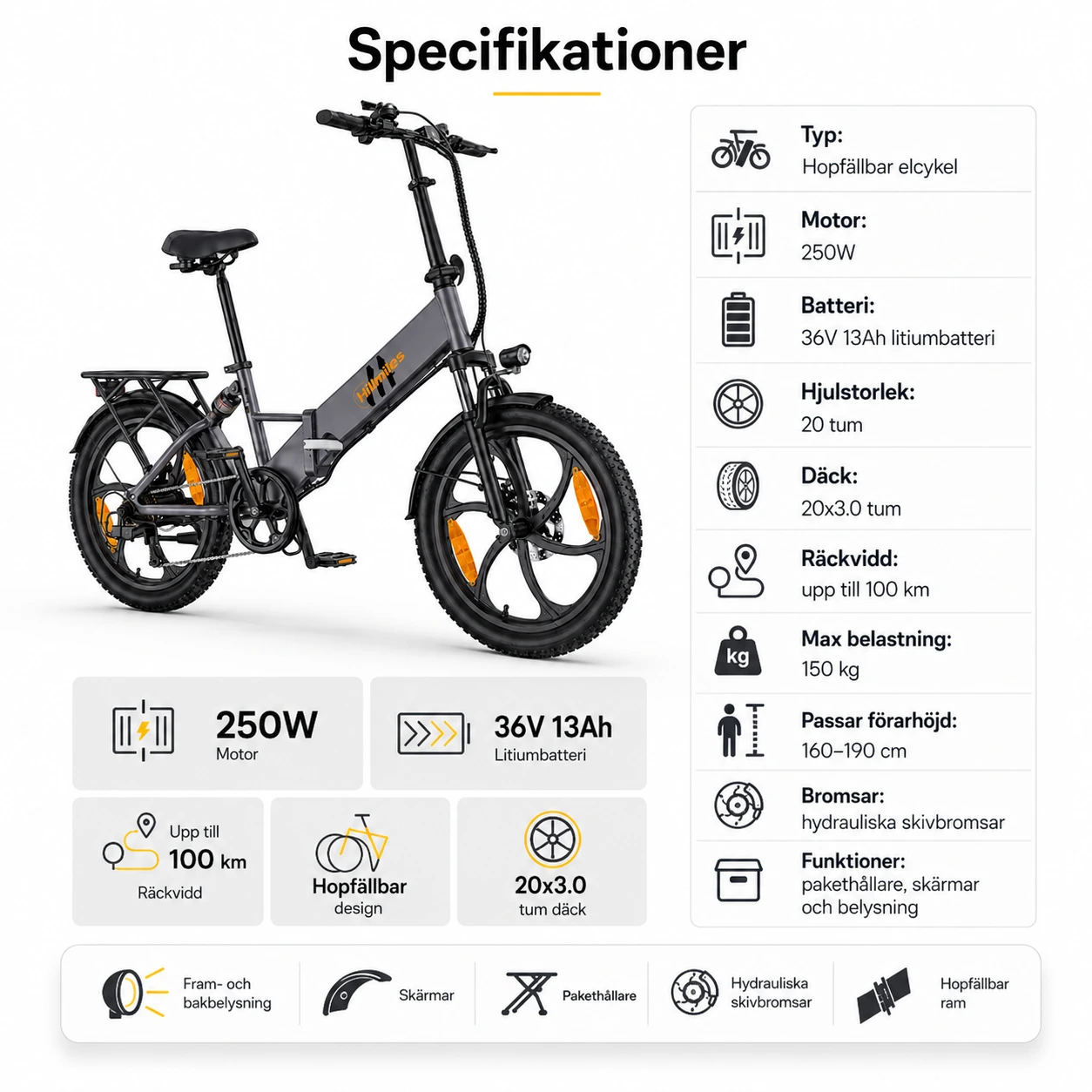Elcykel Hopfällbar 20 Tum 250W med Breda Däck