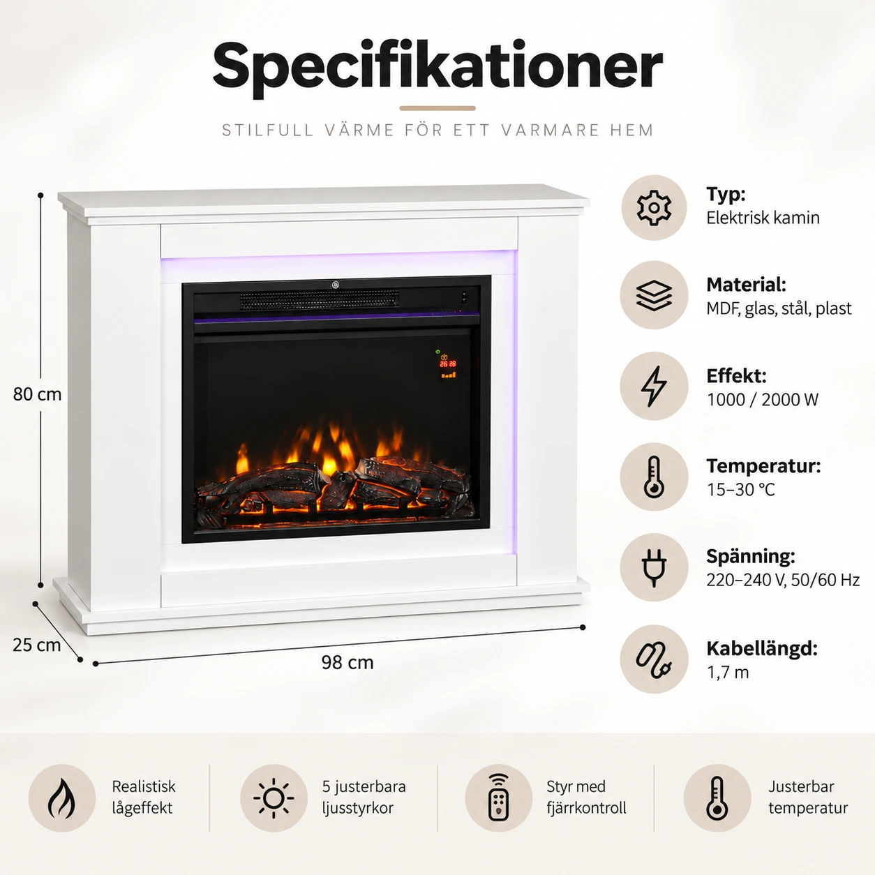 Elektrisk kamin med fjärrkontroll och flameffekt