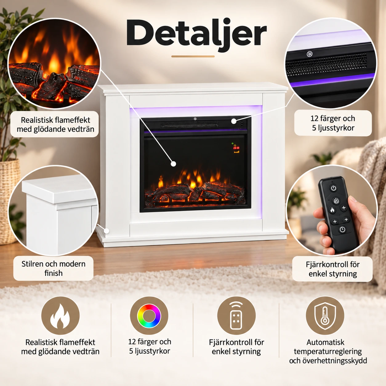 Elektrisk kamin med fjärrkontroll och flameffekt