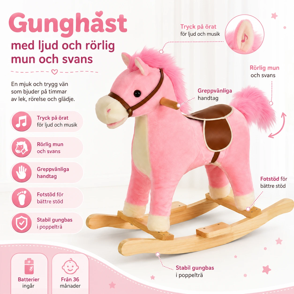 Gunghäst med ljud och rörlig mun och svans