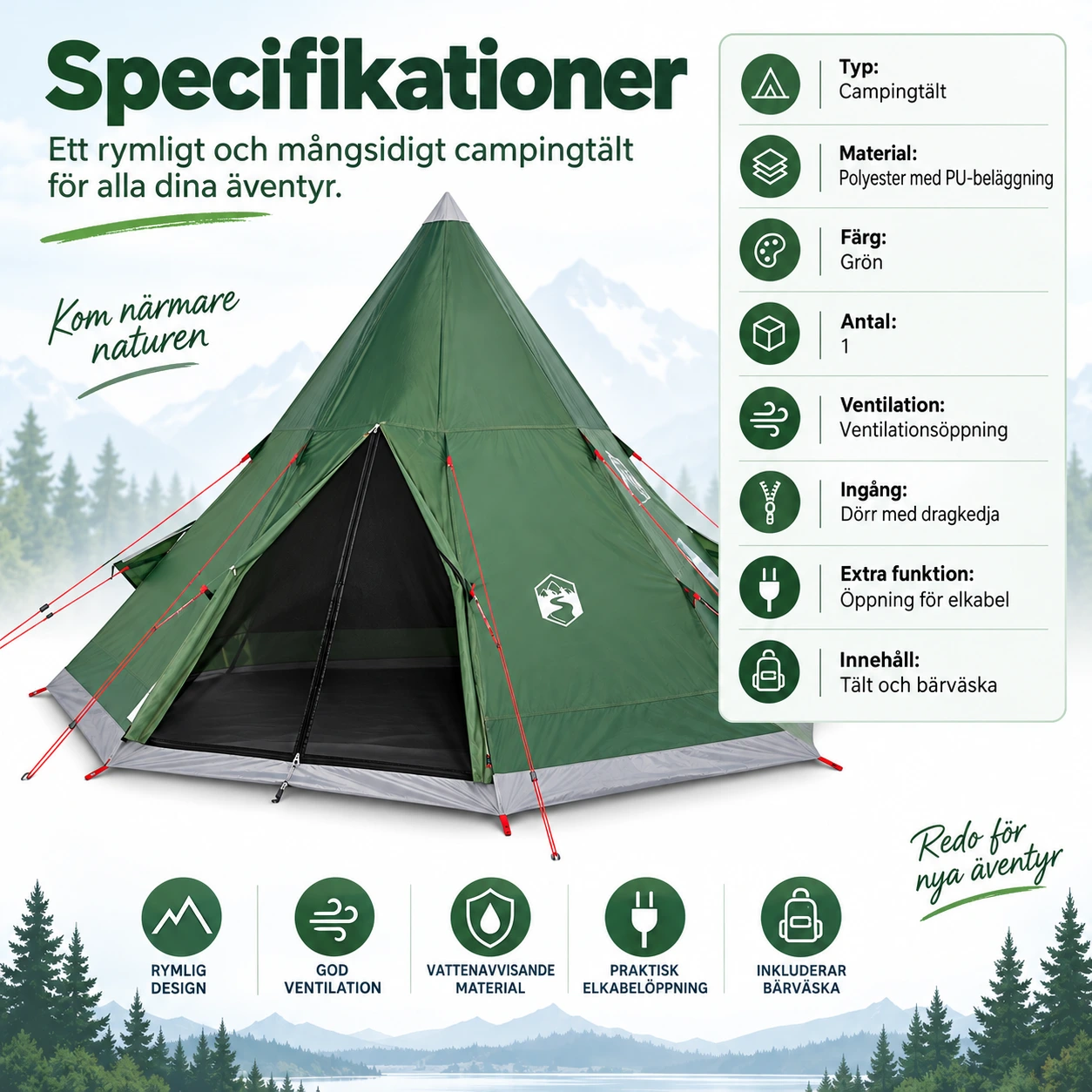 Tipitält för camping med ventilationsöppning och elkabelingång