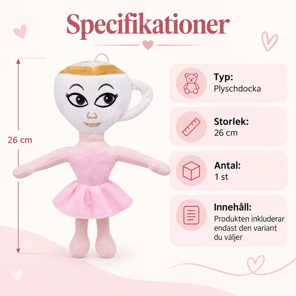 Ballerina Kaffemugg Plyschdocka med upphängningsögla, 1 st