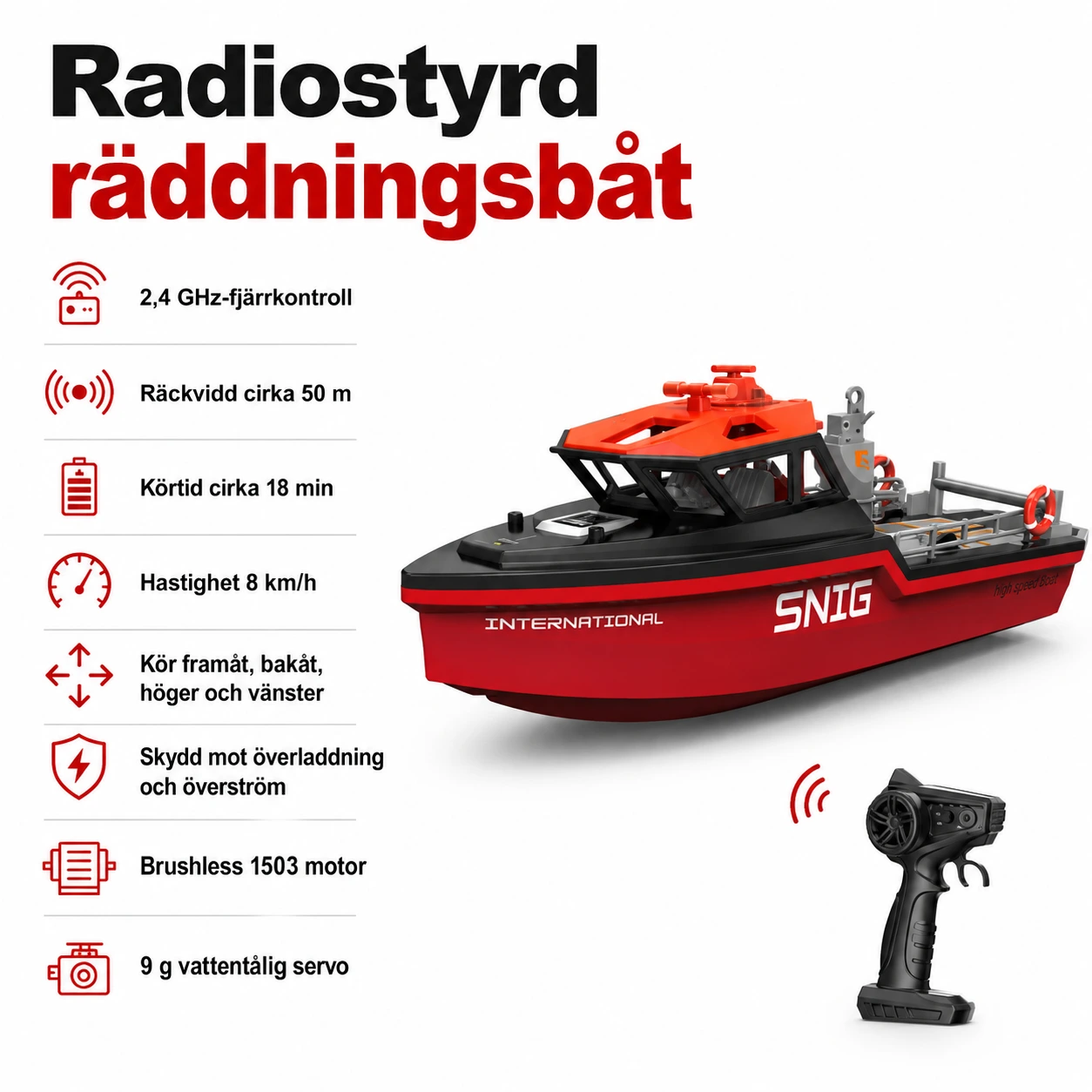Radiostyrd räddningsbåt med 2,4 GHz och 50 m räckvidd