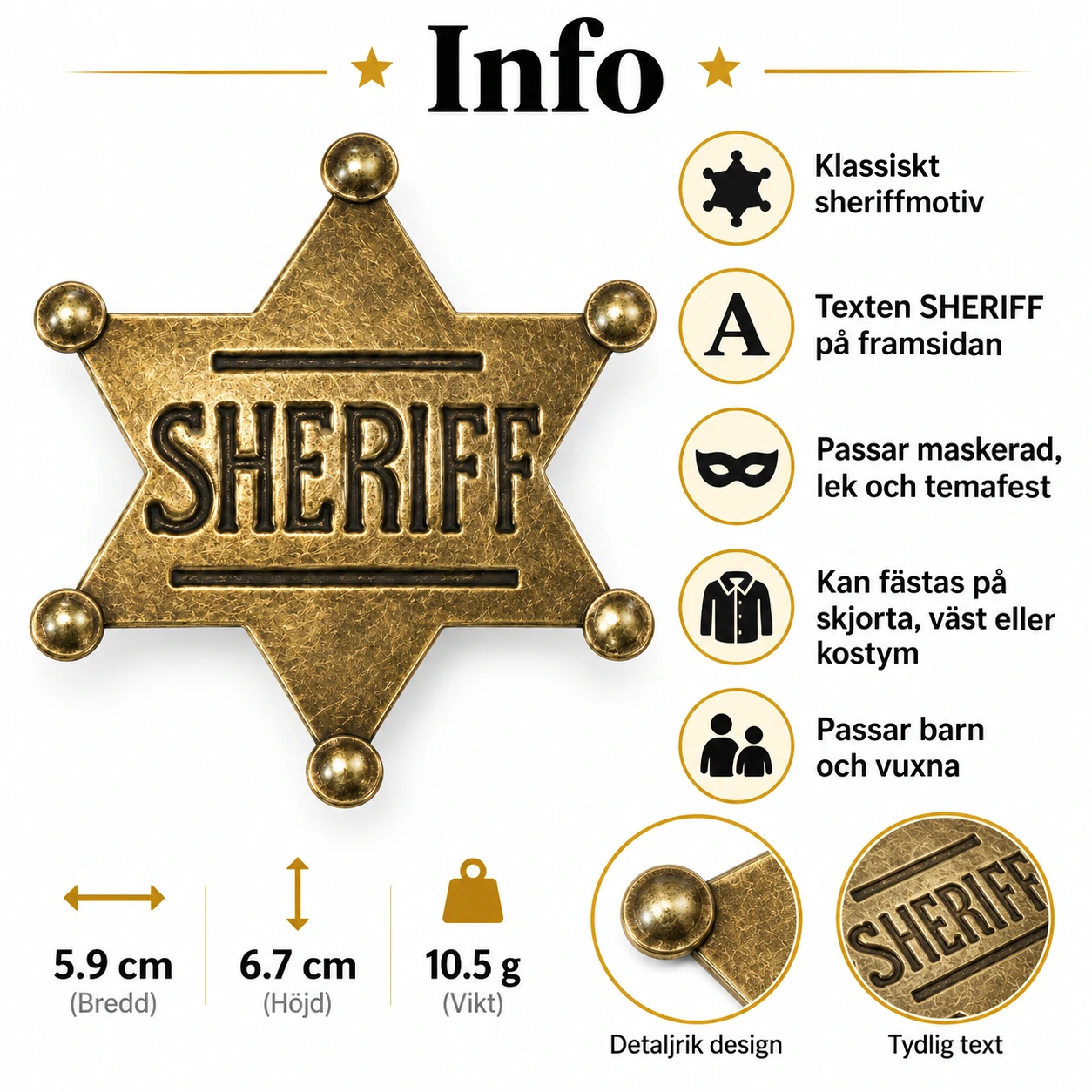 Sheriffstjärna brosch i metall för maskerad och lek