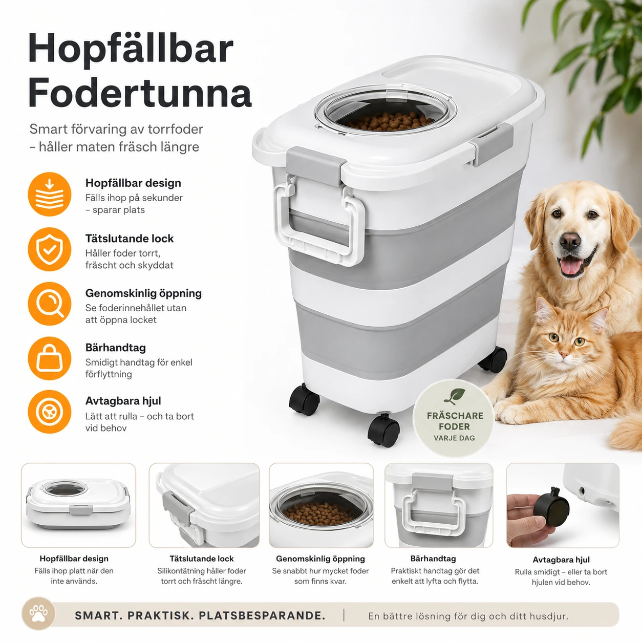 Foderbehållare hopfällbar för husdjur med lock och hjul