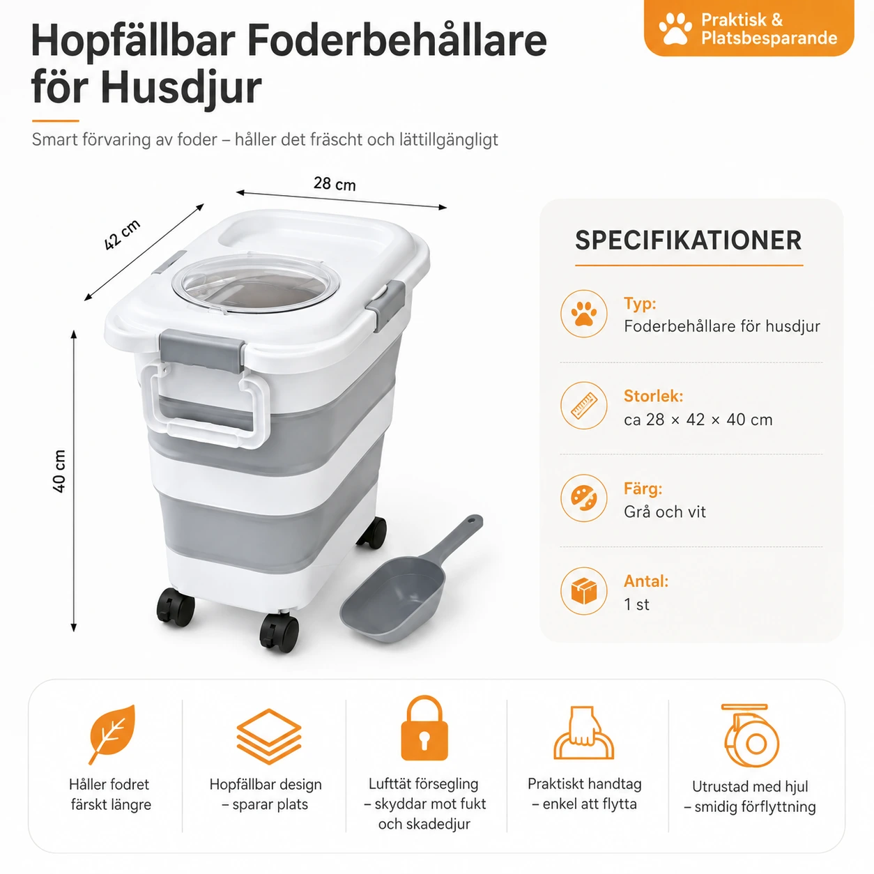 Foderbehållare hopfällbar för husdjur med lock och hjul
