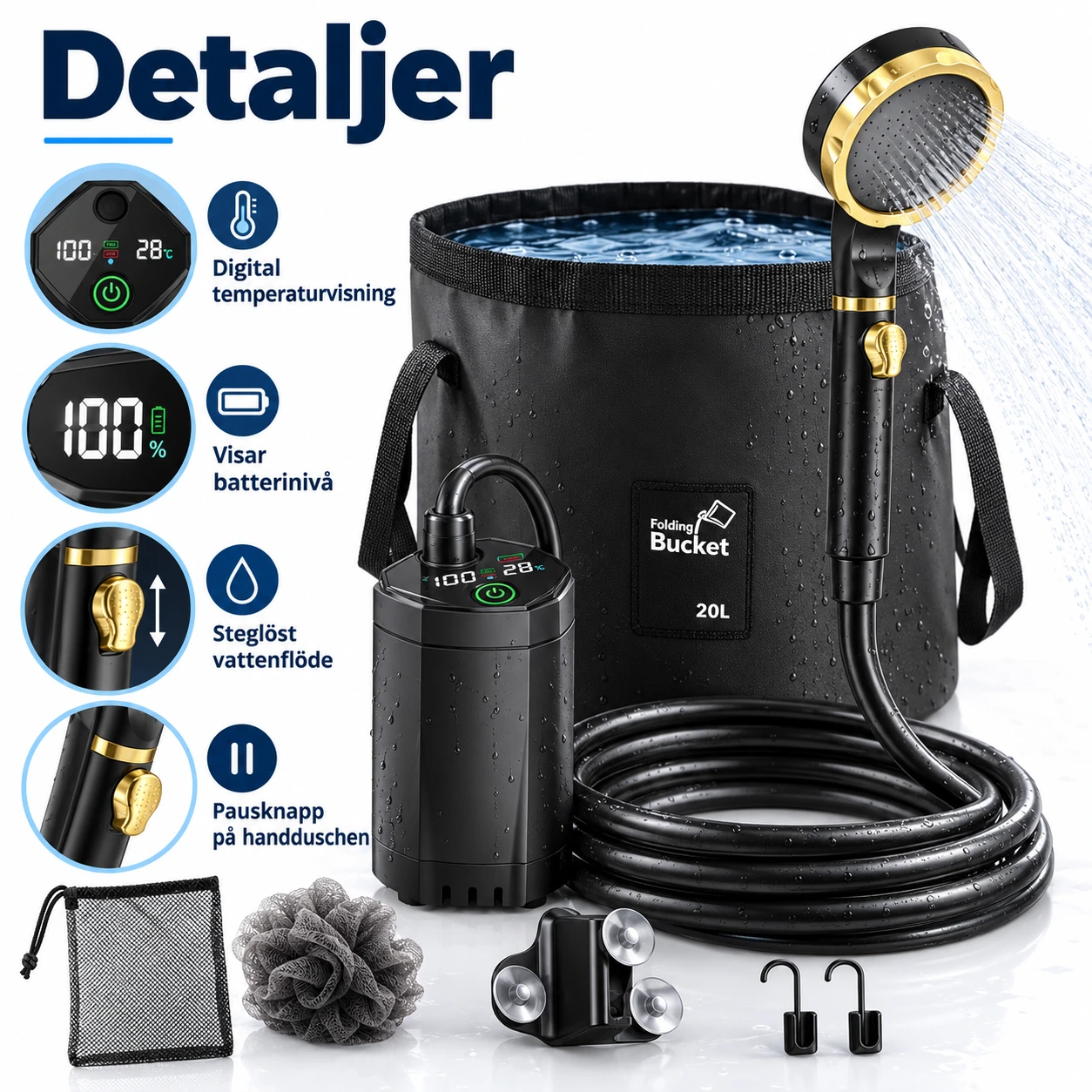 Campingdusch kit med digital display och 20 l hink