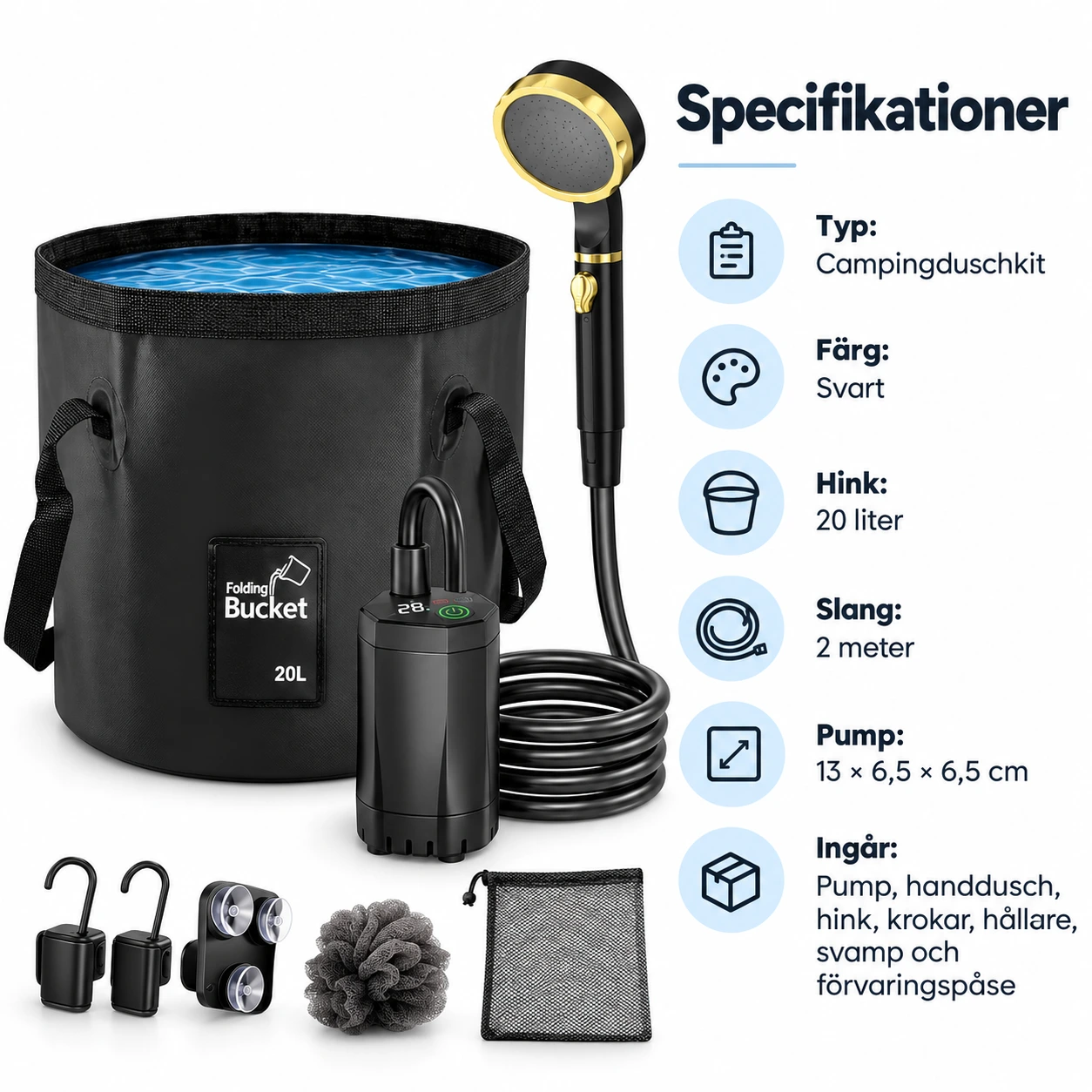Campingdusch kit med digital display och 20 l hink