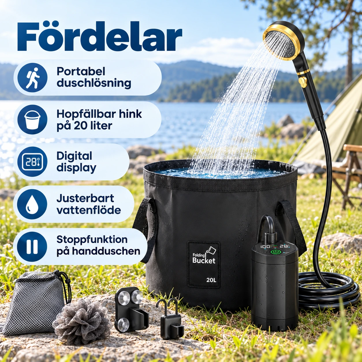 Campingdusch kit med digital display och 20 l hink