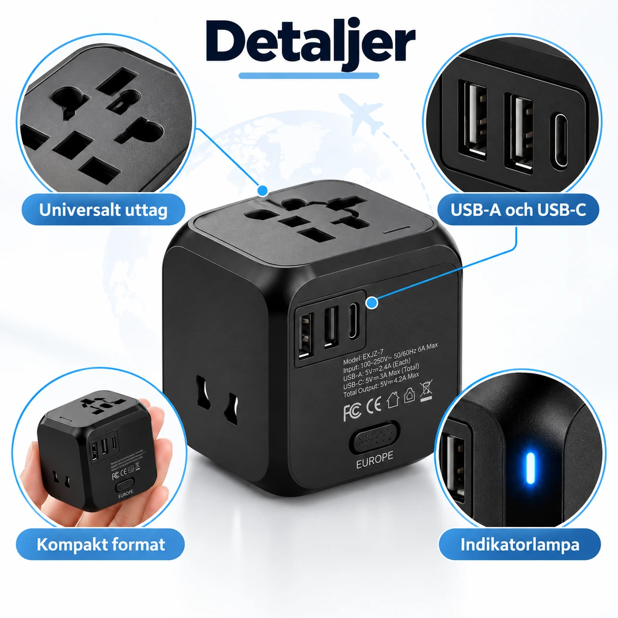 Yleismatka-adapteri USB-A- ja USB-C-liitännöillä