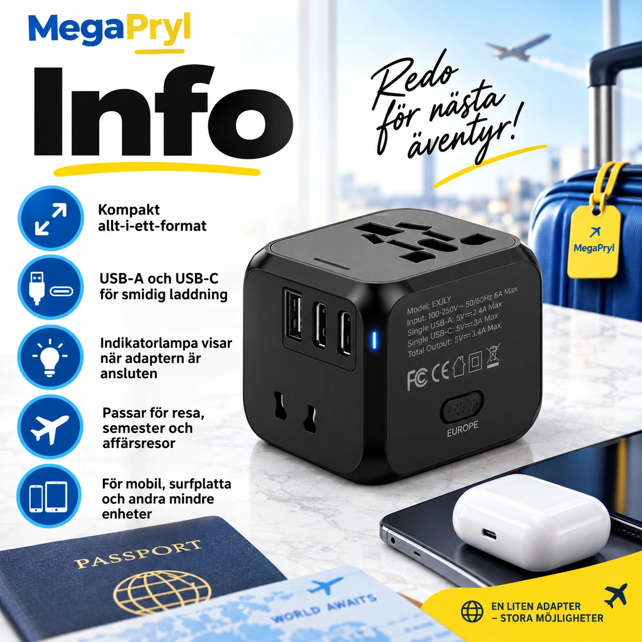 Universal reseadapter med USB-A och USB-C