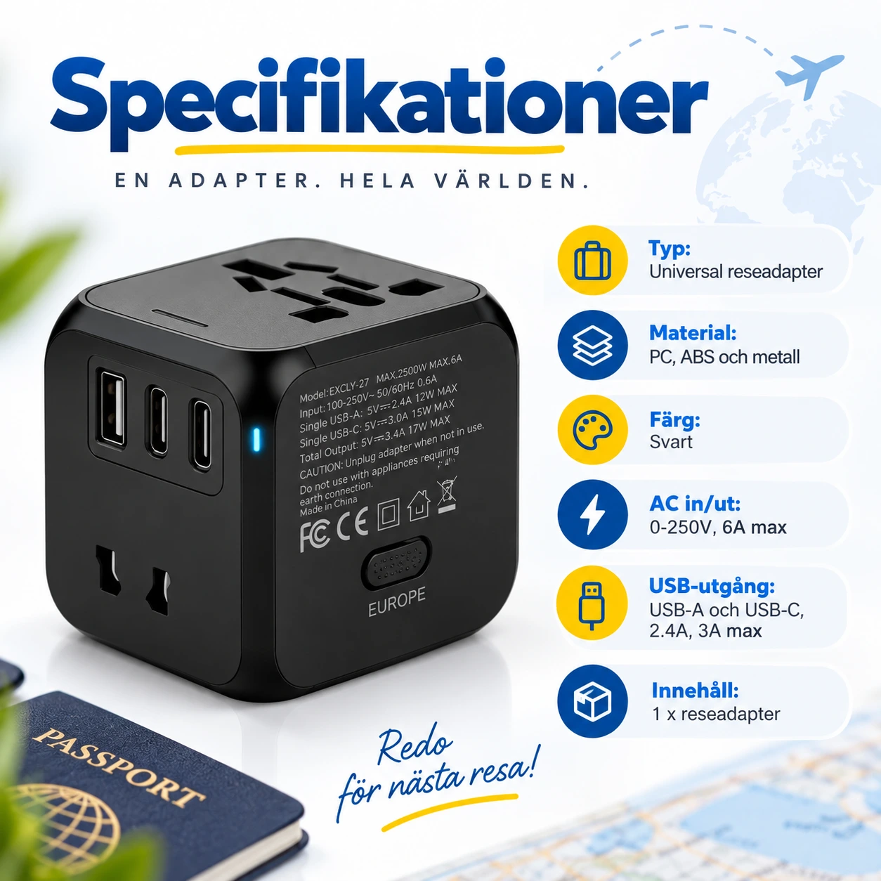 Yleismatka-adapteri USB-A- ja USB-C-liitännöillä