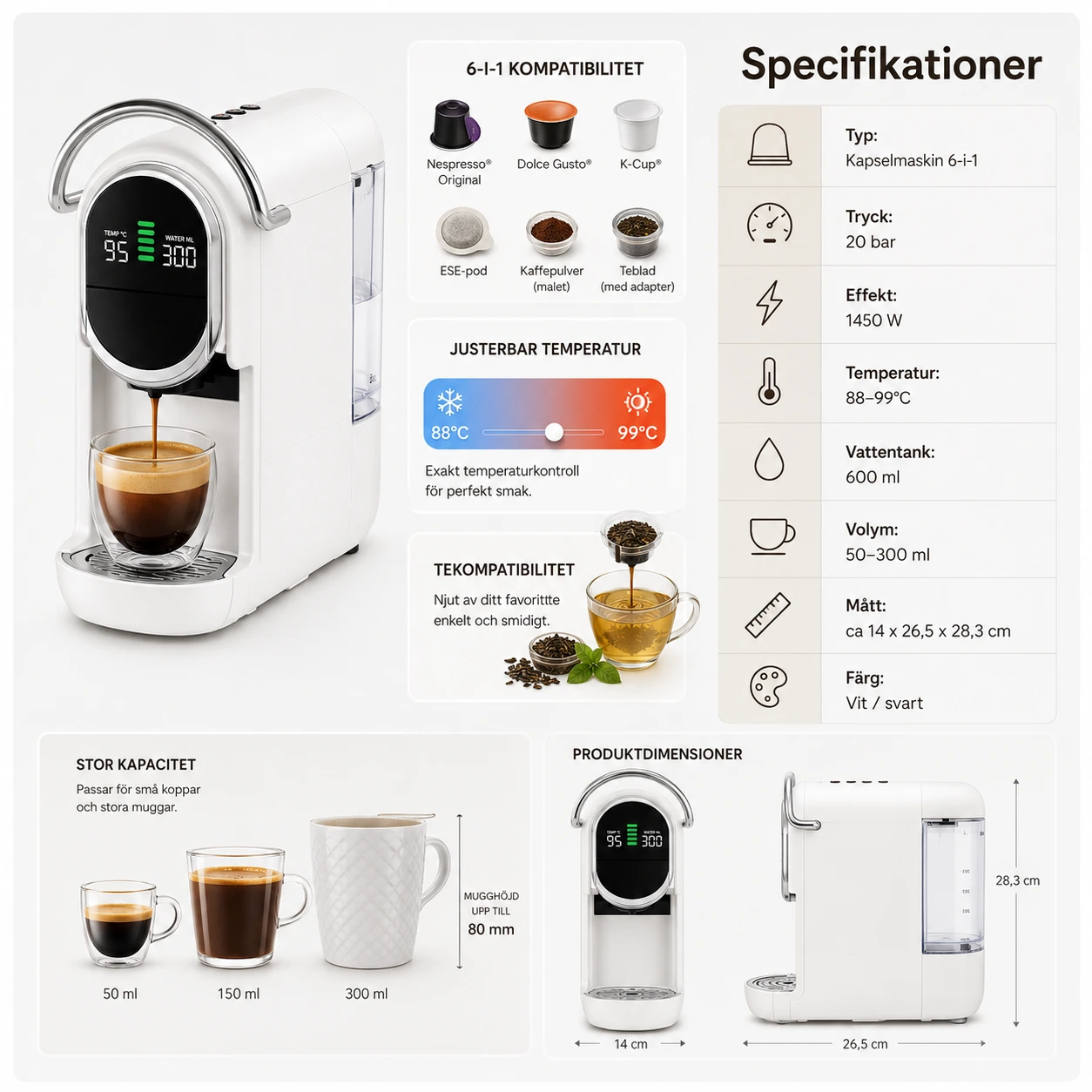Kapselmaskin 6-i-1 20 Bar – För Kapslar, Kaffe och Te