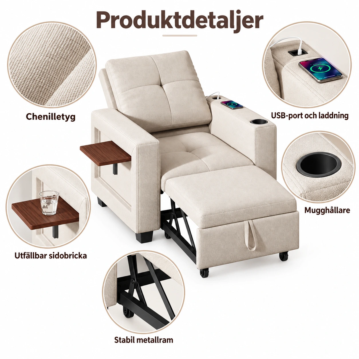 Sovestol med sidebord og USB-port