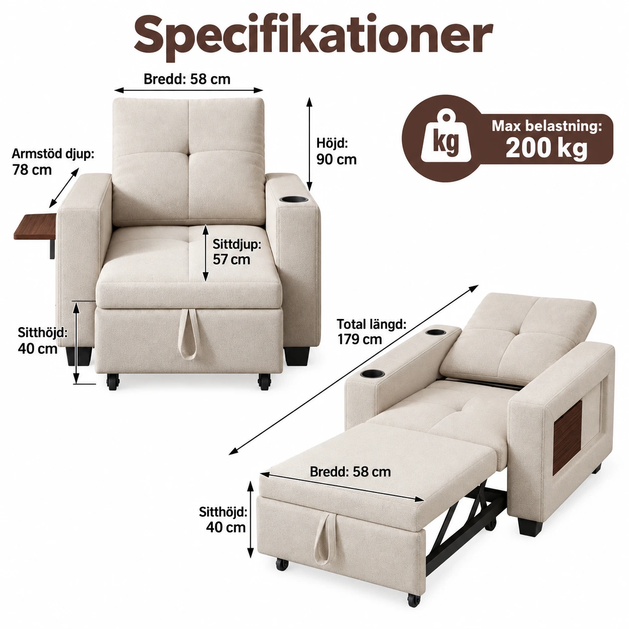 Sovestol med sidebord og USB-port