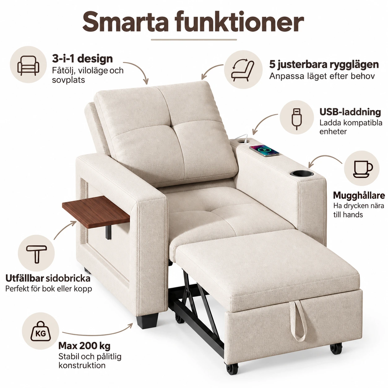 Sovestol med sidebord og USB-port