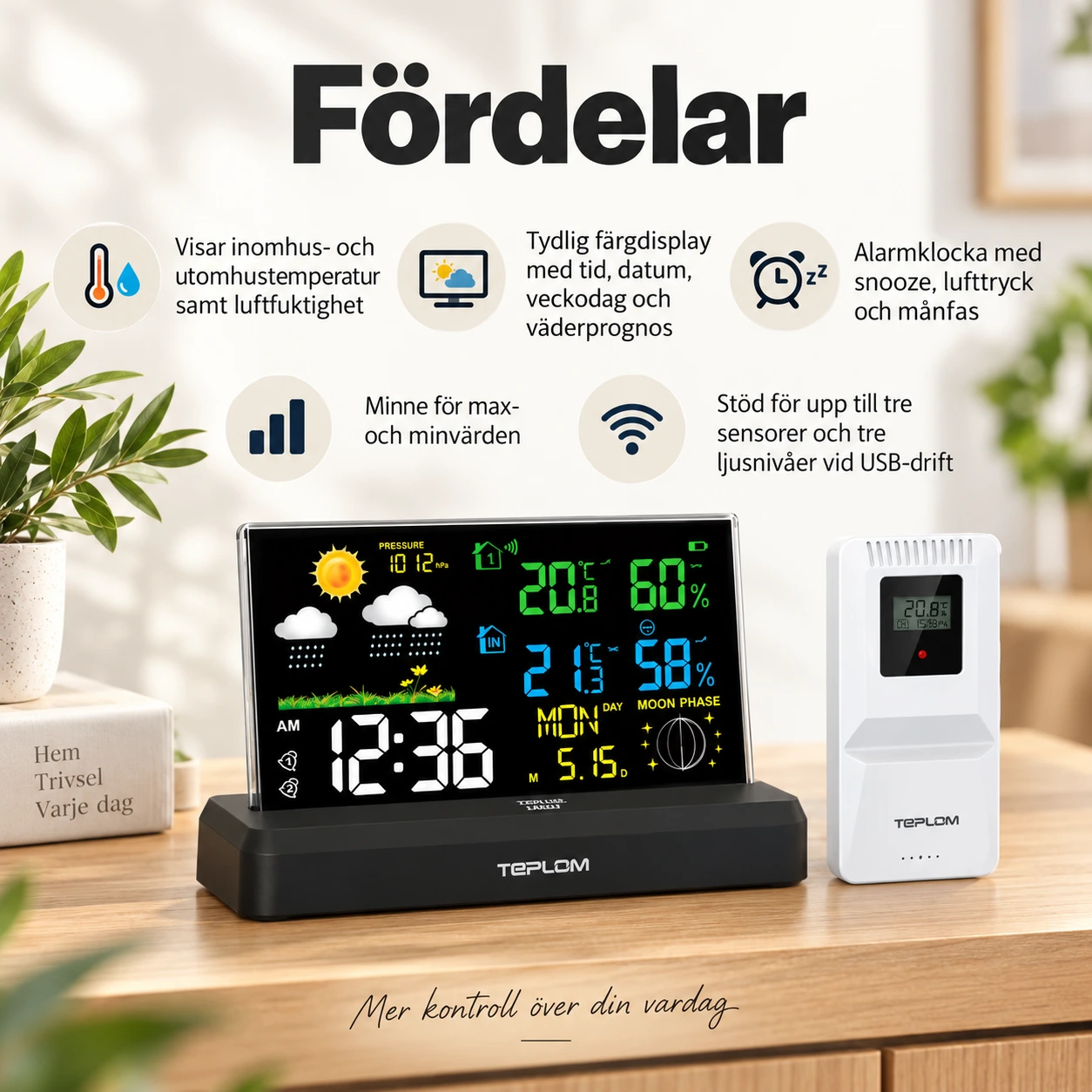 Trådlös väderstation för inne och ute med färgdisplay