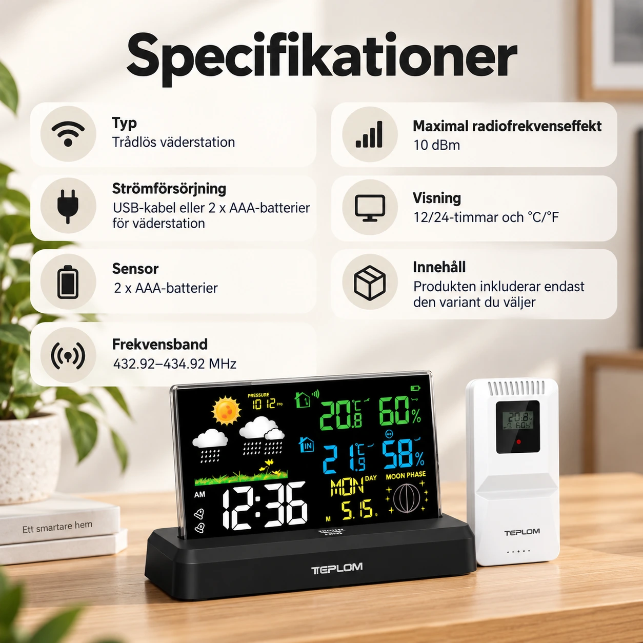 Trådlös väderstation för inne och ute med färgdisplay