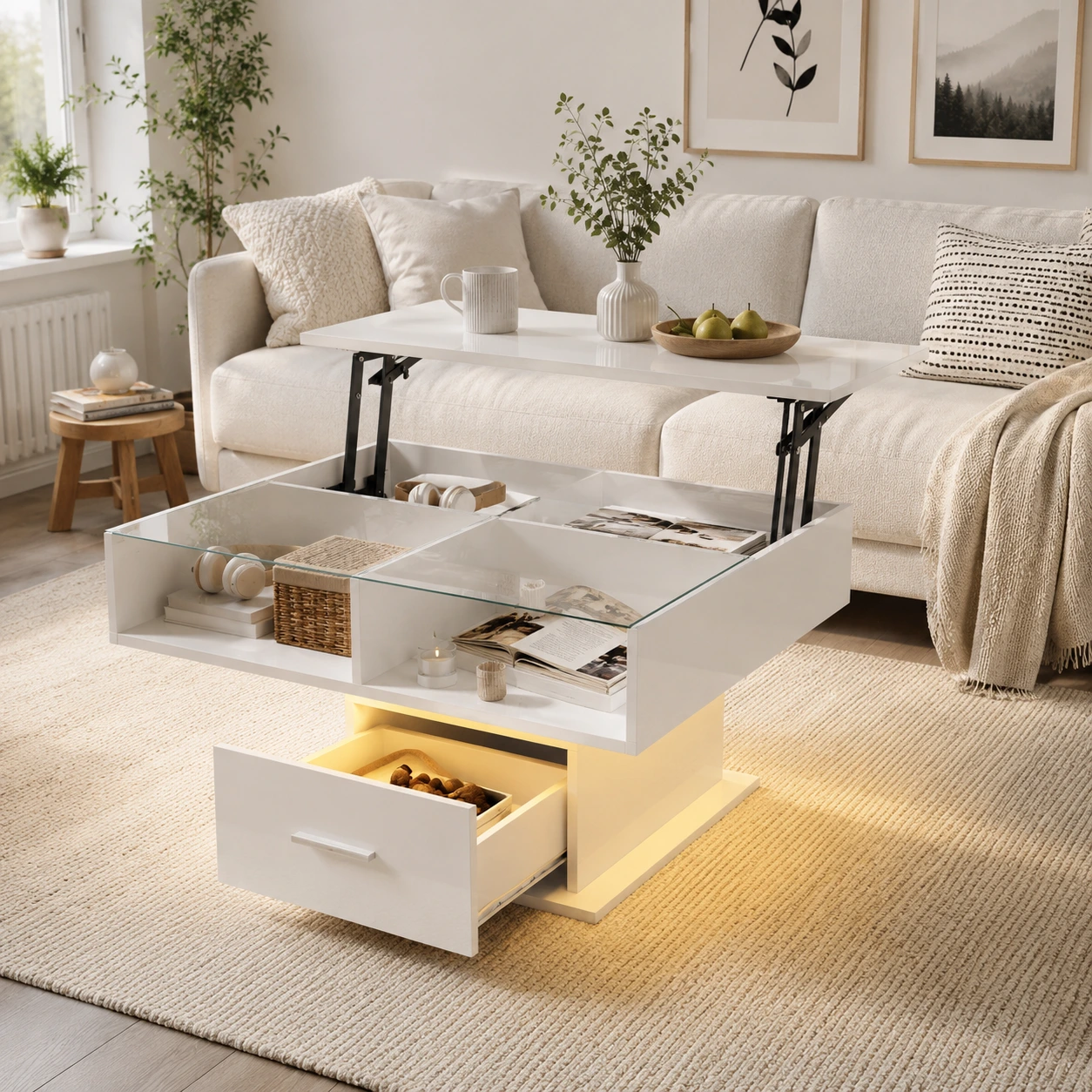 Höj- och sänkbart soffbord med LED och förvaring